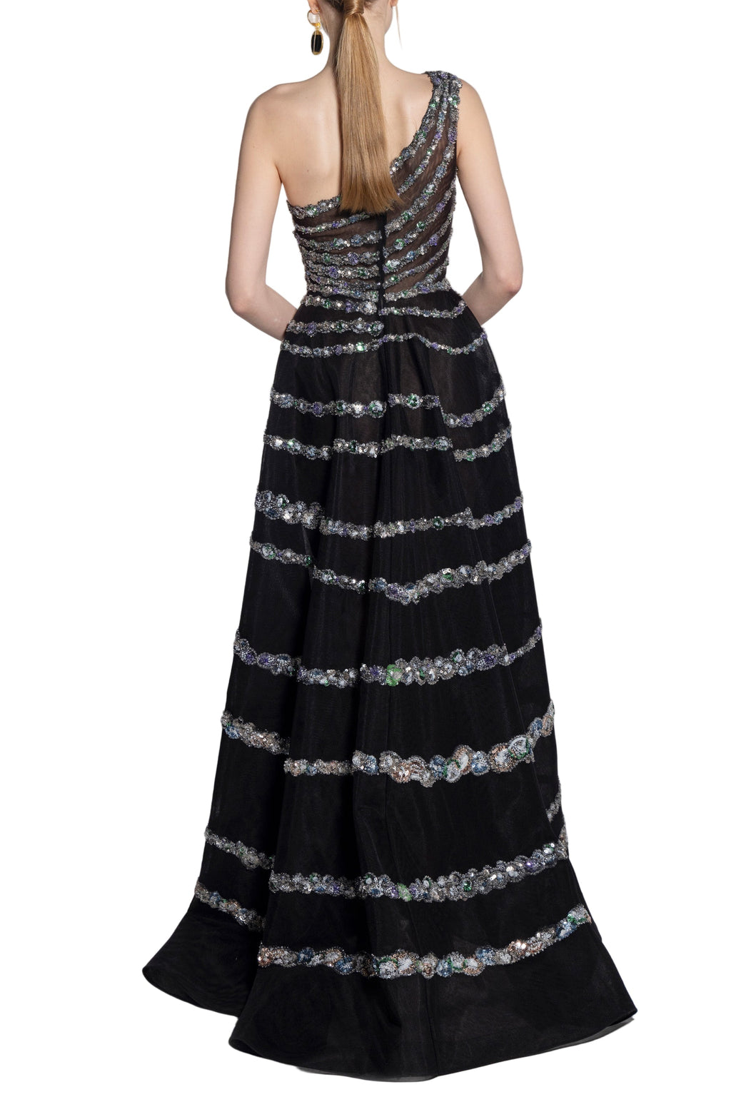 ONE SHOULDER ASYMMETRIC, BEADED DRESS