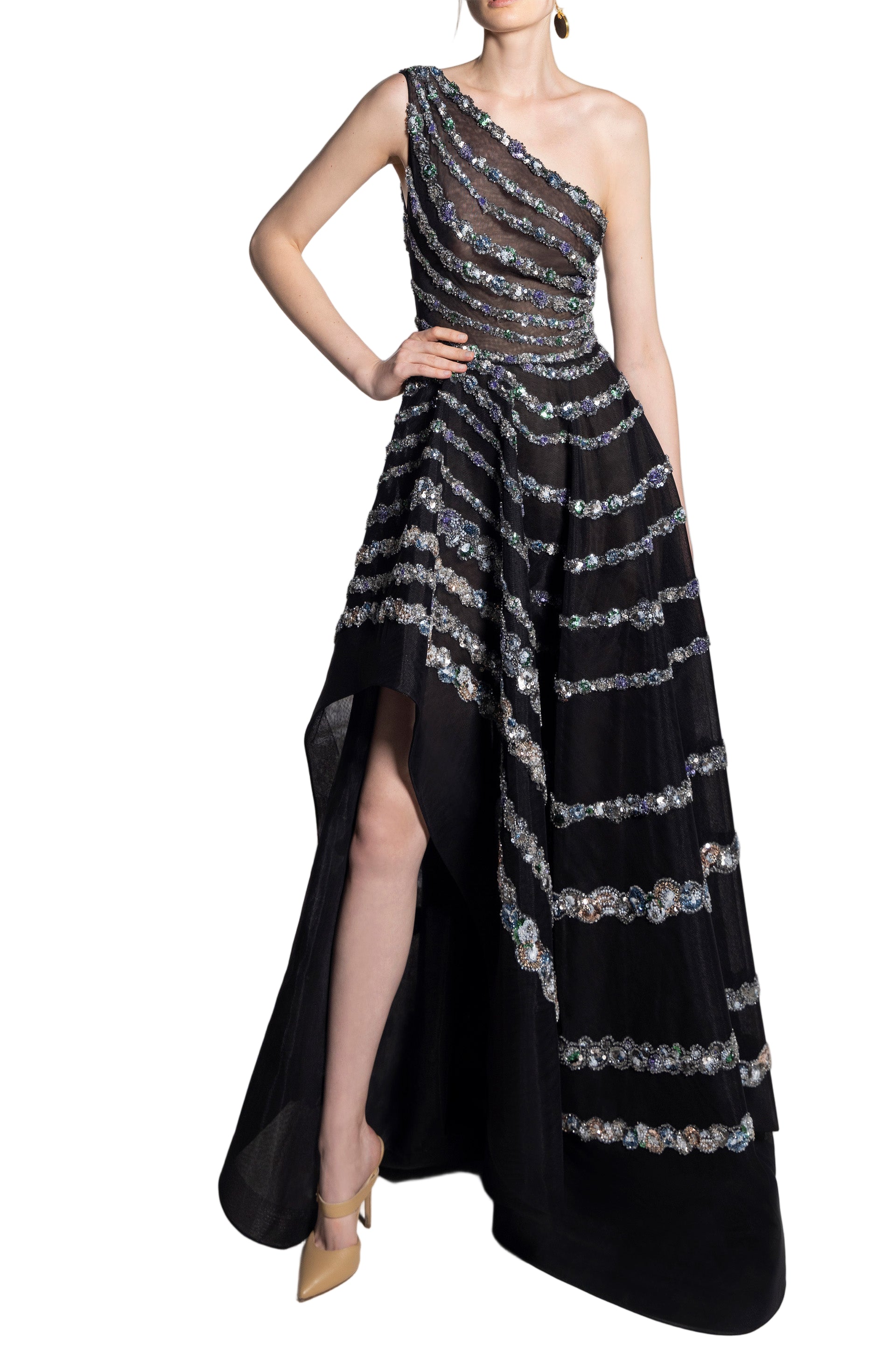 ONE SHOULDER ASYMMETRIC, BEADED DRESS