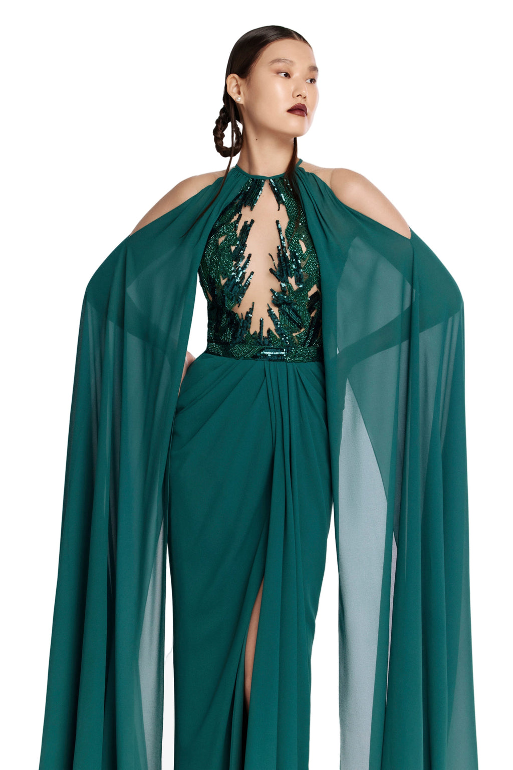 PLEATED DRESS WITH CAPE