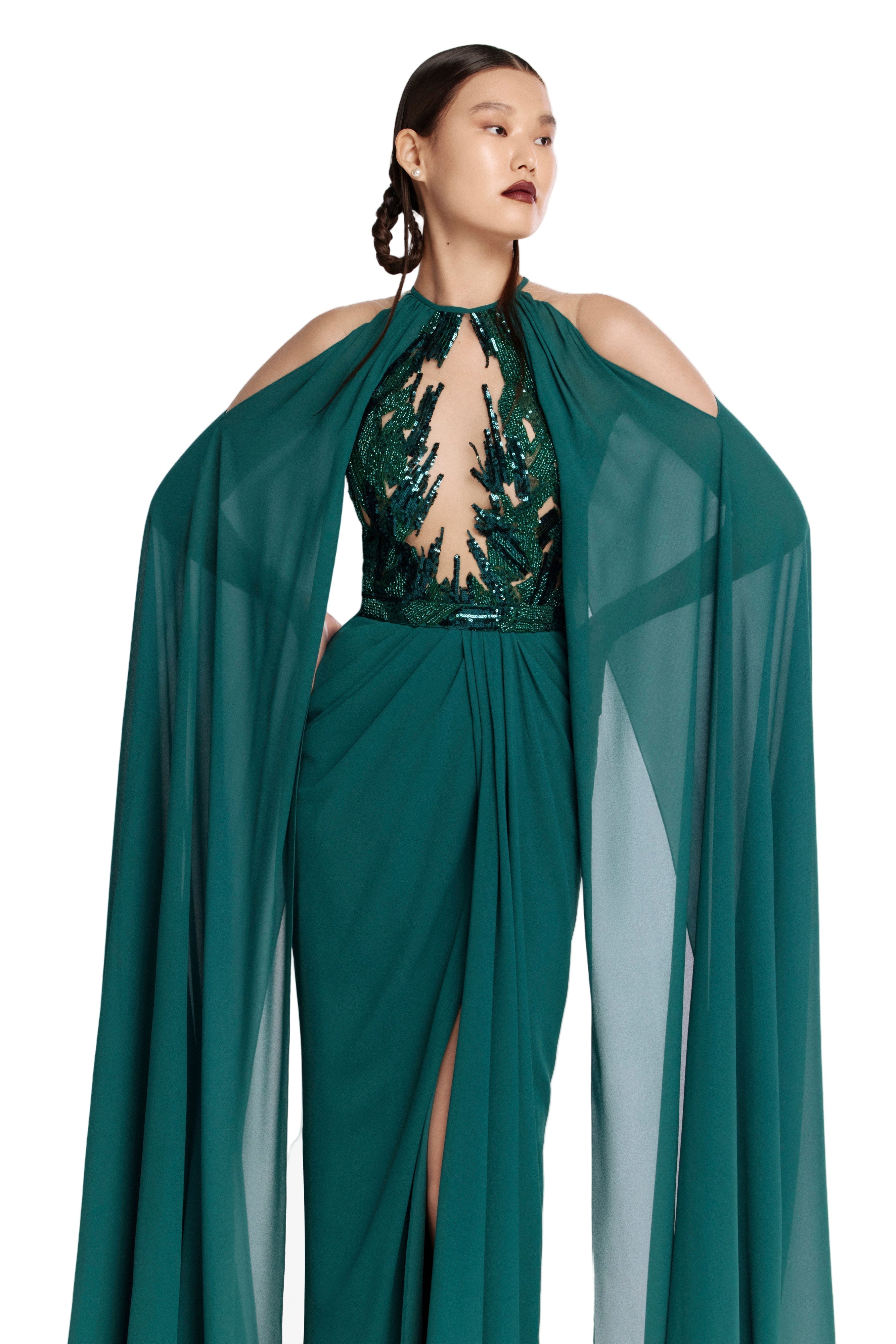 PLEATED DRESS WITH CAPE