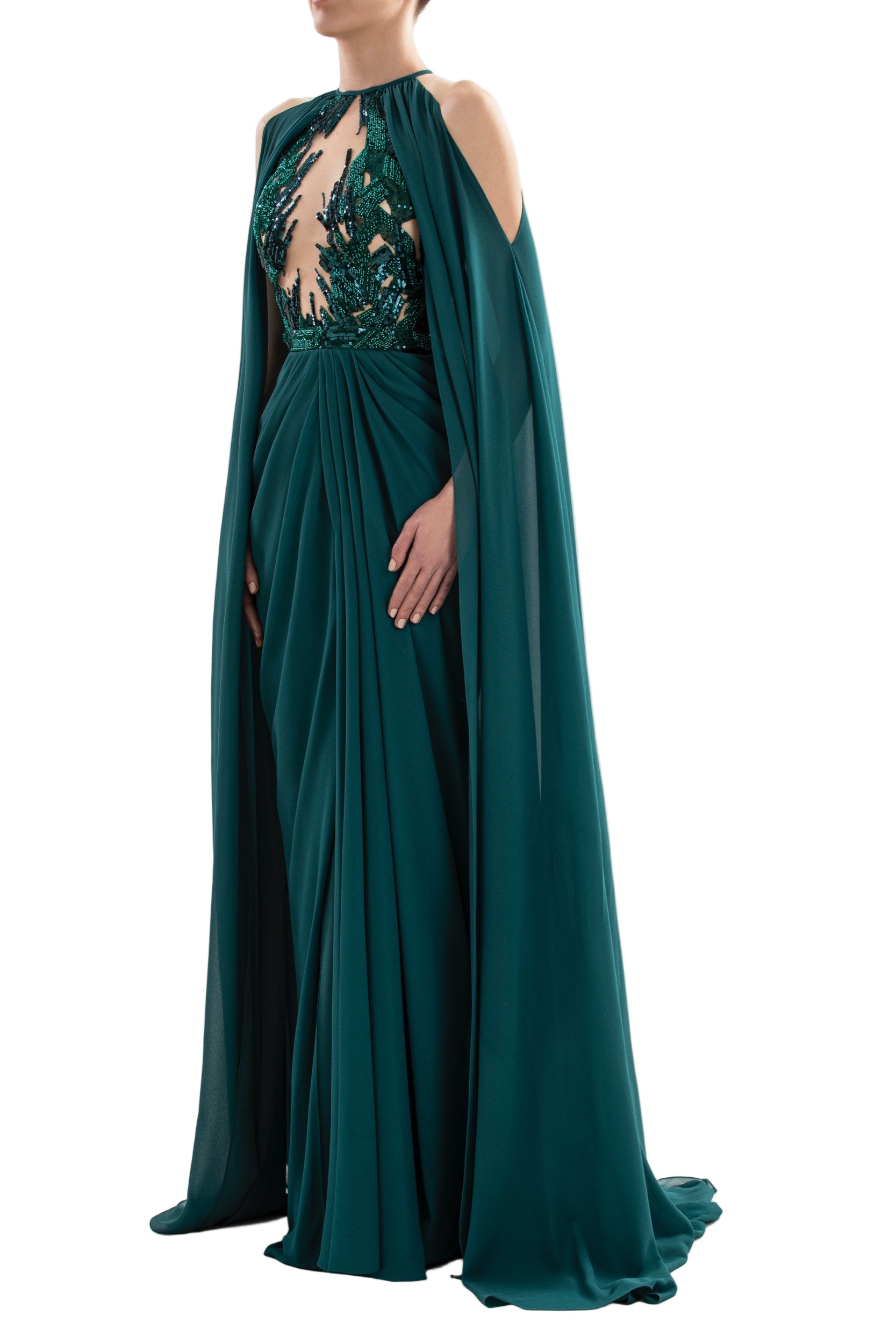 PLEATED DRESS WITH CAPE