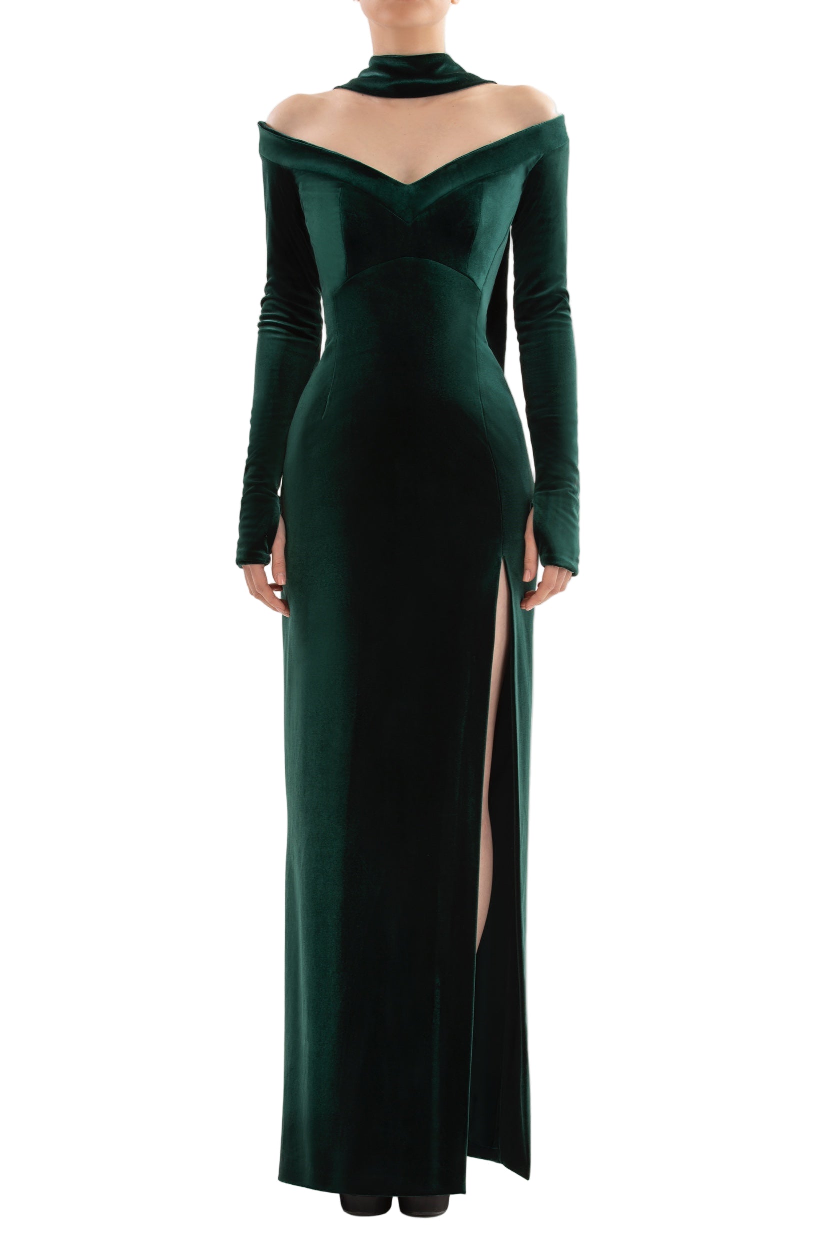 VELVET LONG FITTED DRESS