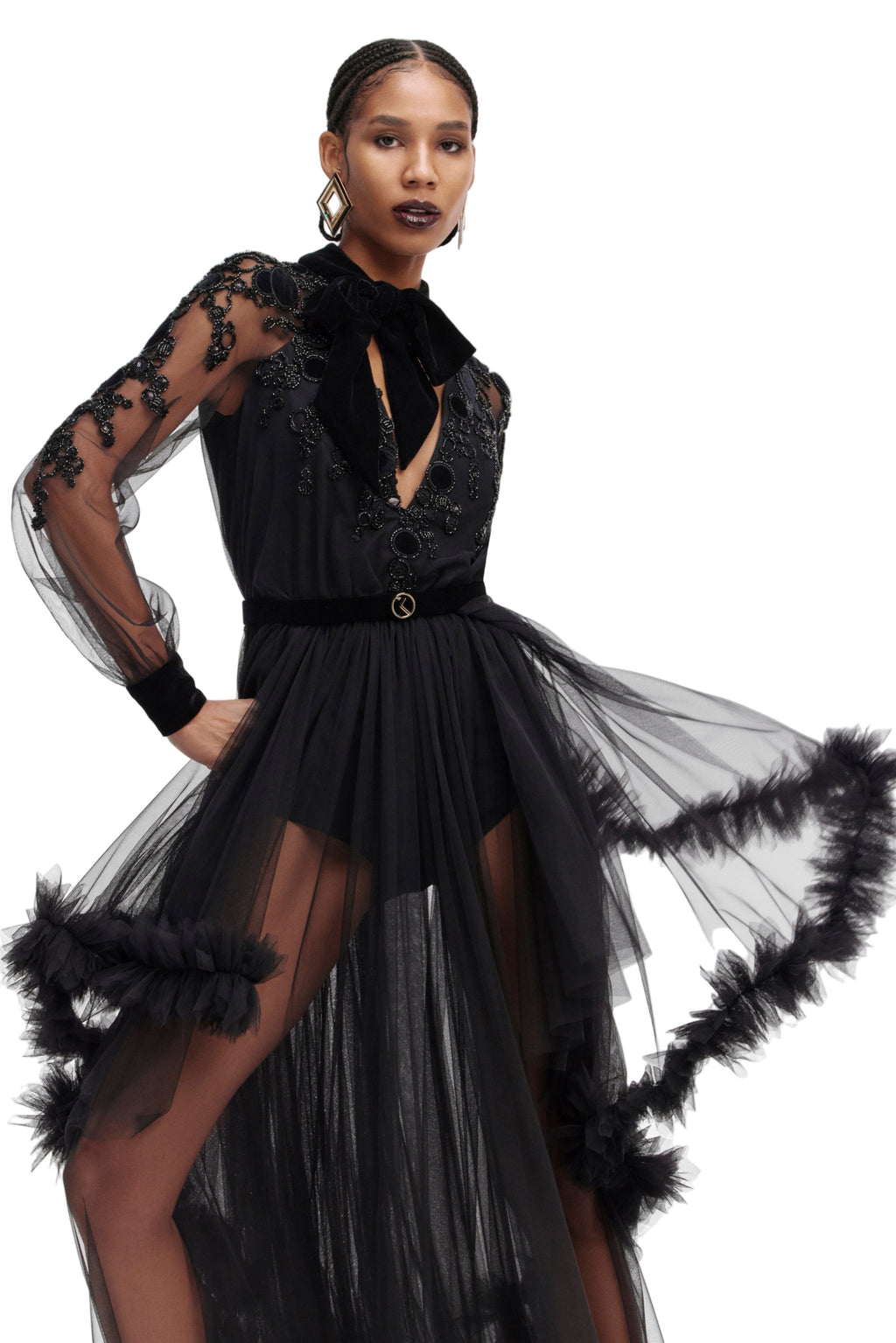 EMBROIDERED TULLE DRESS WITH RUFFLES