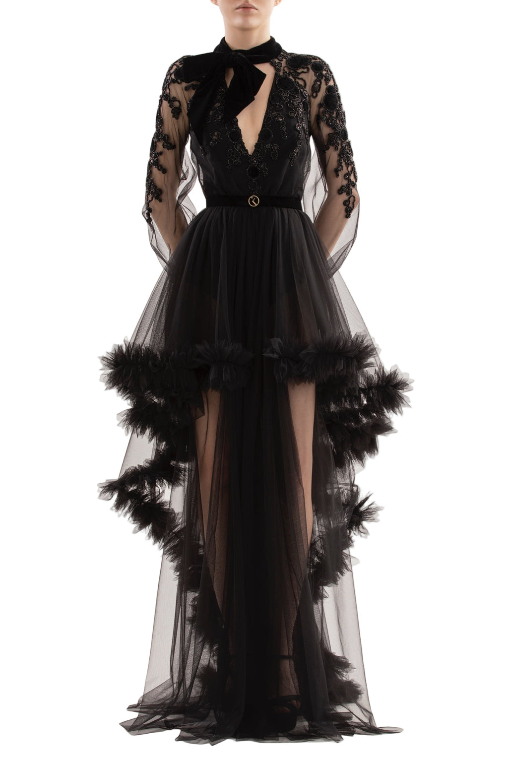 EMBROIDERED TULLE DRESS WITH RUFFLES