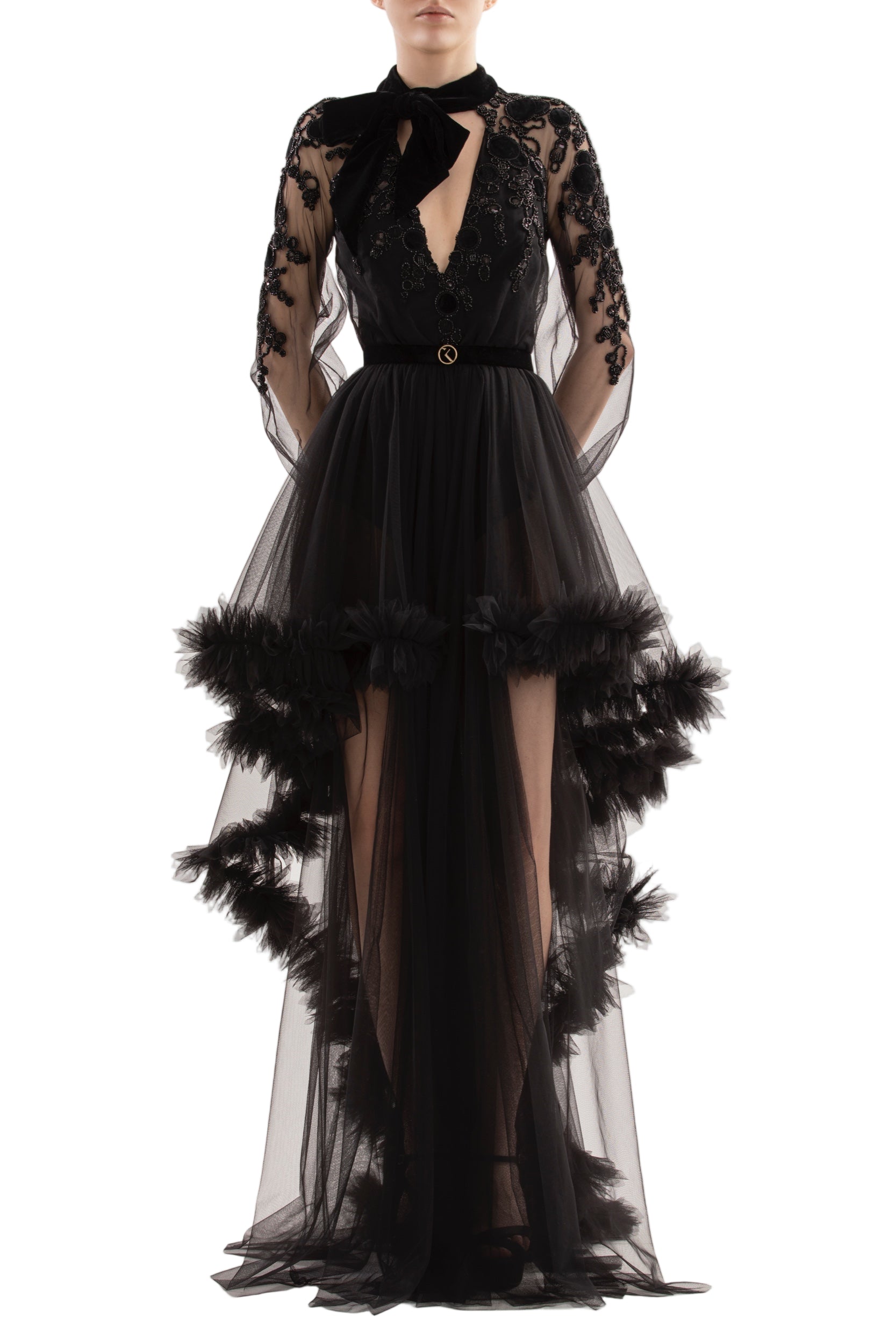 EMBROIDERED TULLE DRESS WITH RUFFLES
