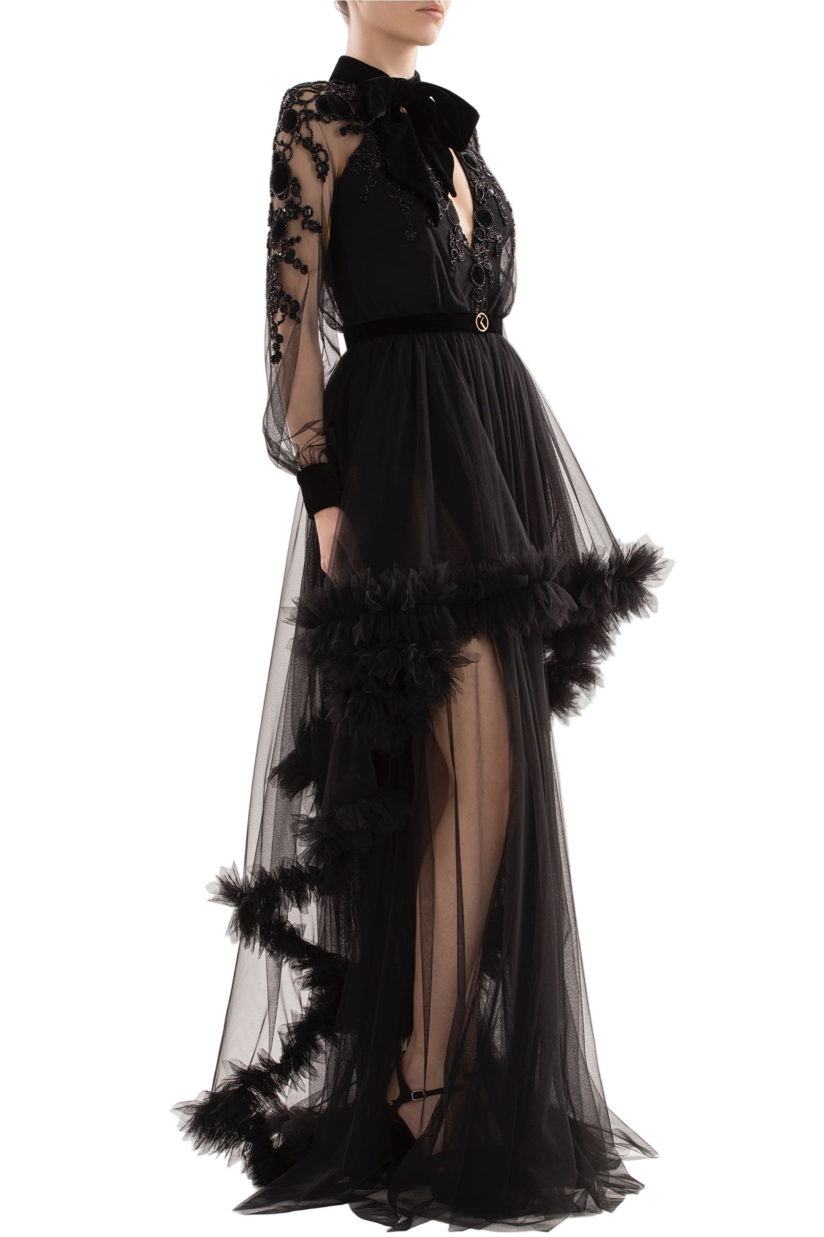 EMBROIDERED TULLE DRESS WITH RUFFLES