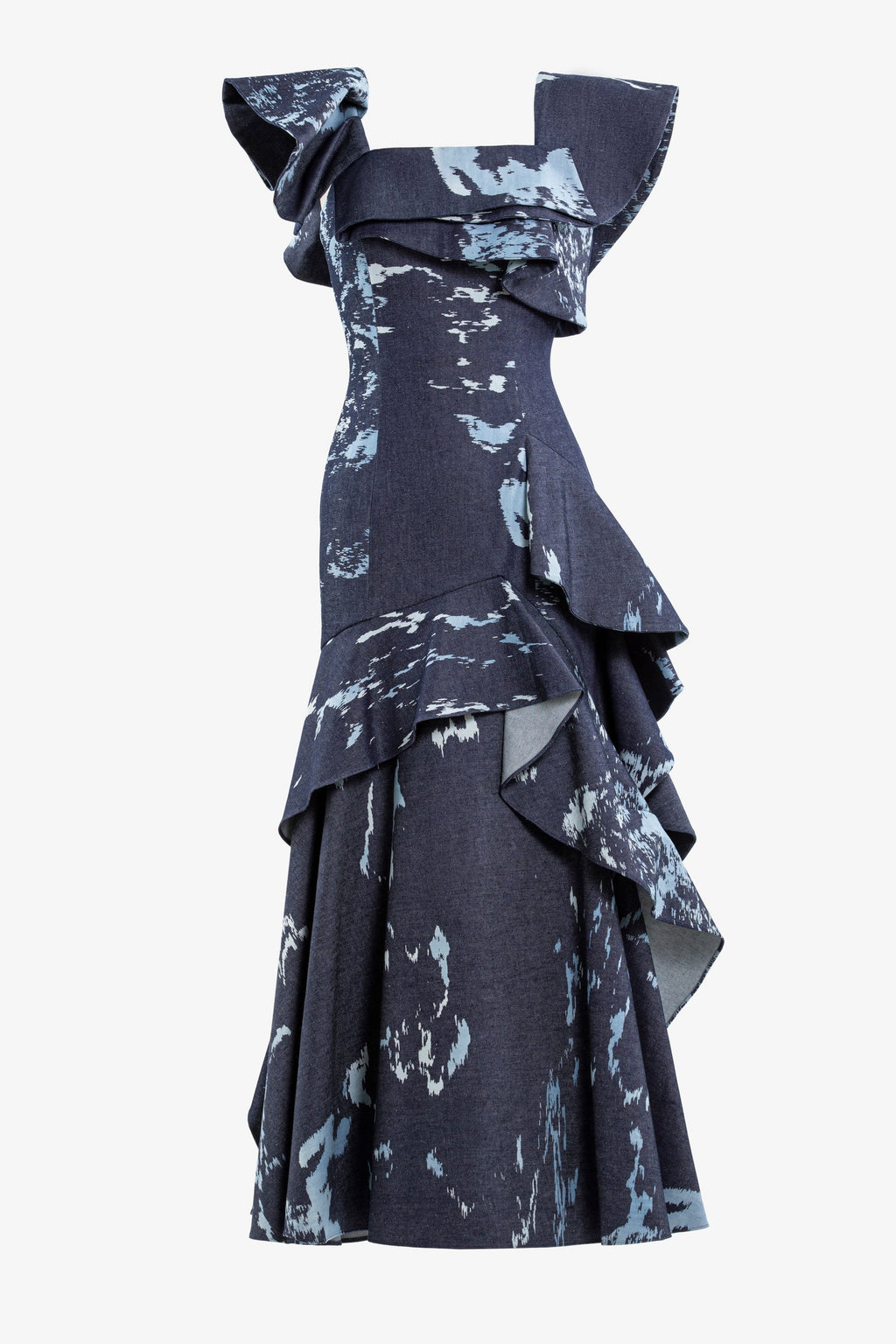 Layered printed denim midi dress
