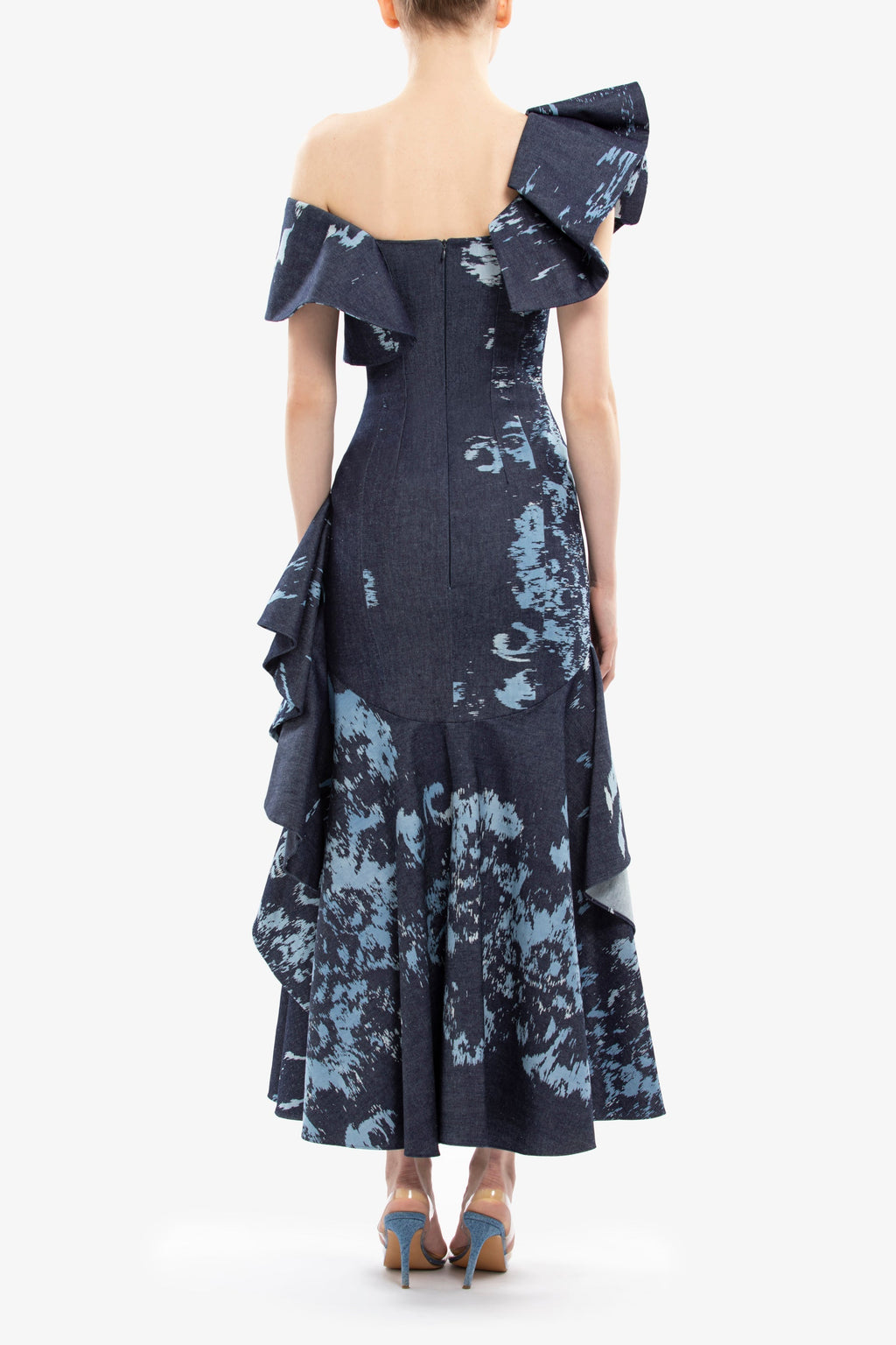 Layered printed denim midi dress