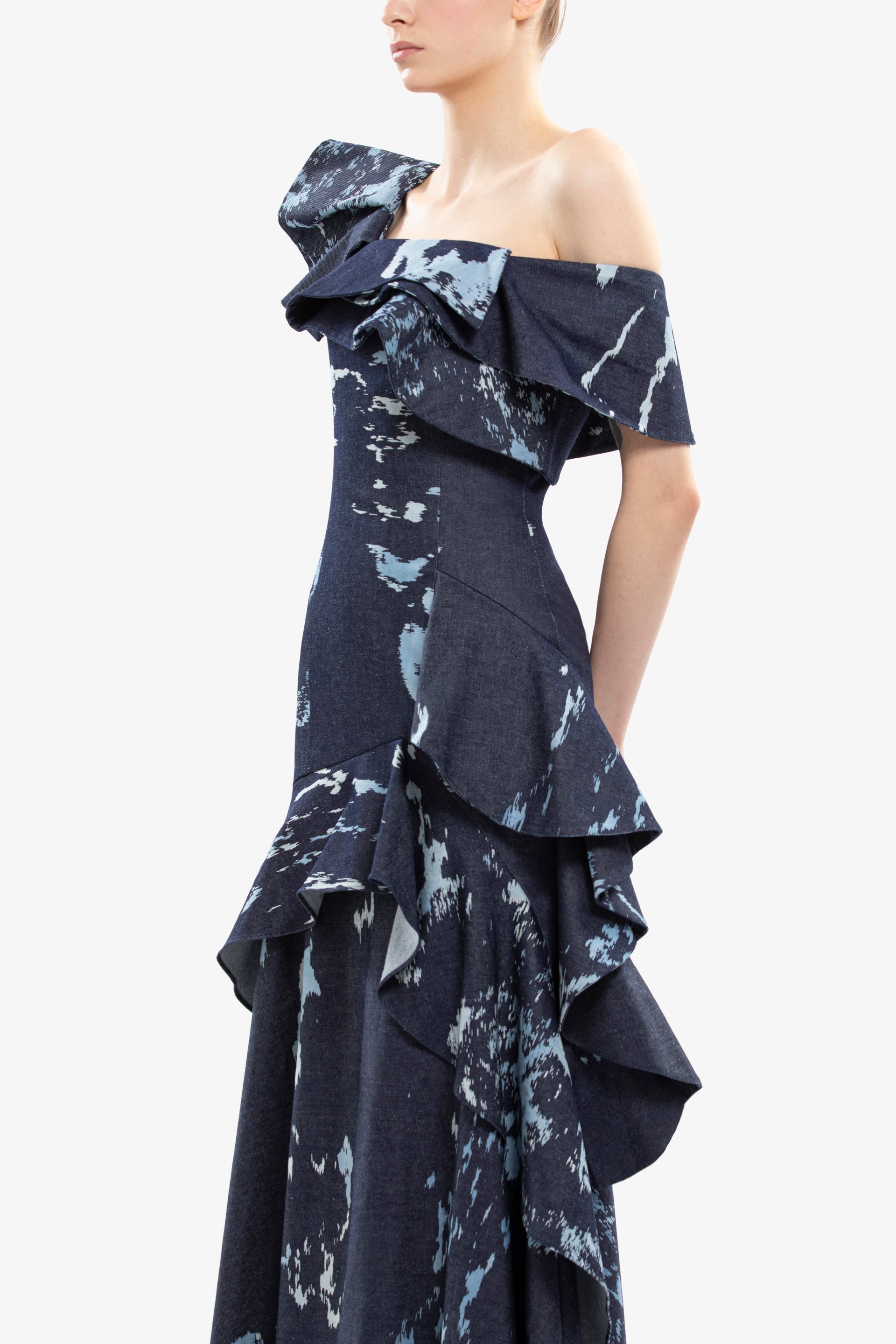 Layered printed denim midi dress