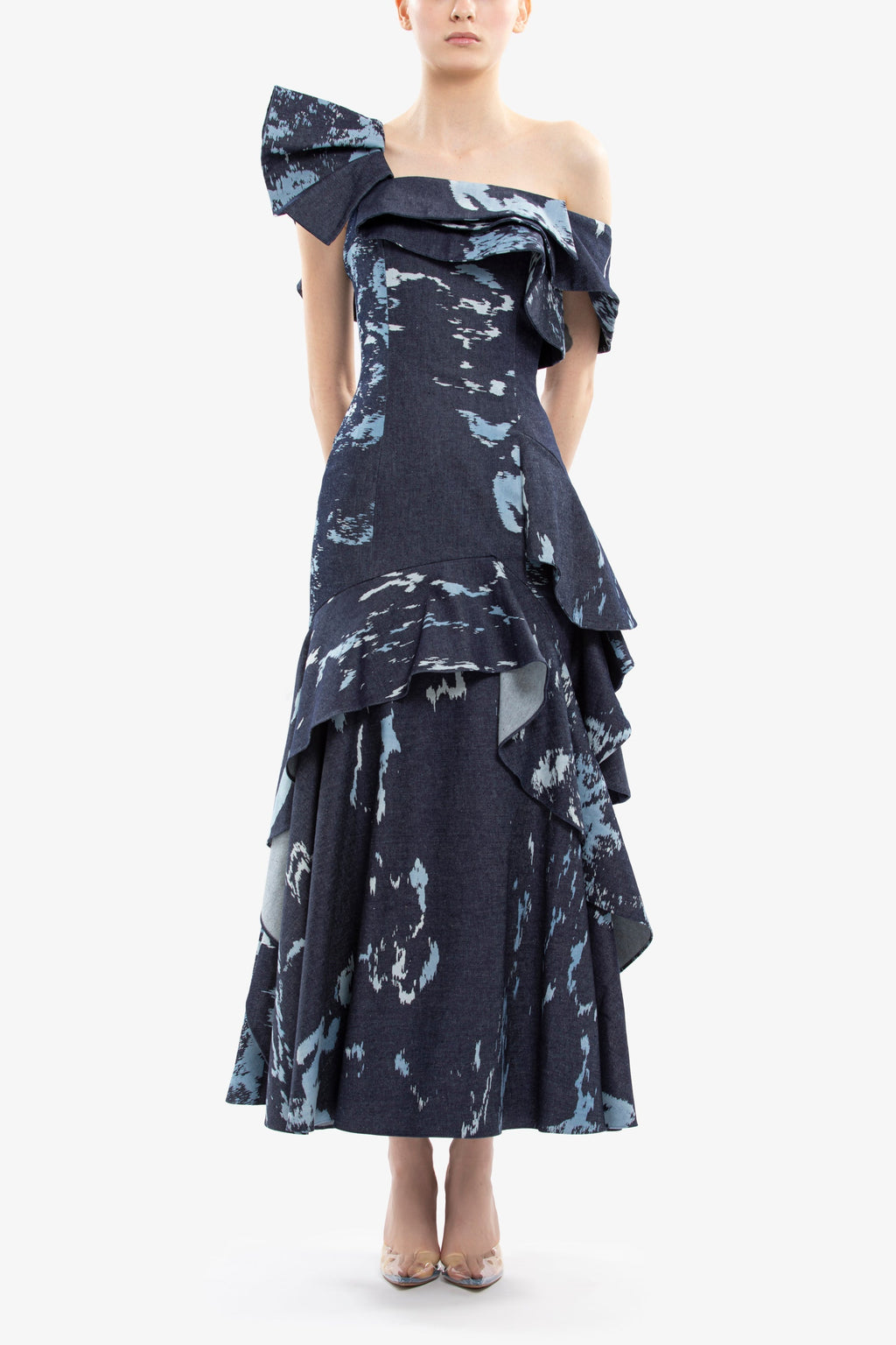 Layered printed denim midi dress