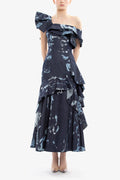 Layered printed denim midi dress