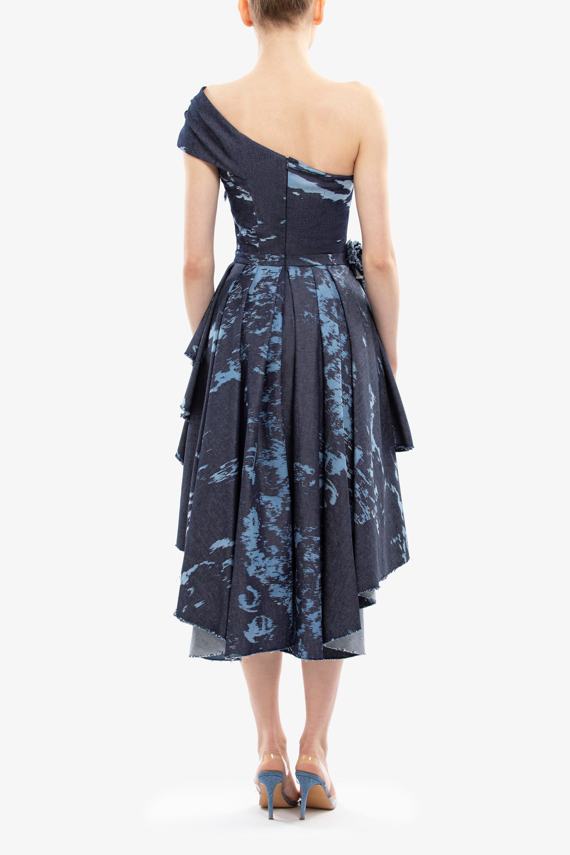 One-shoulder printed denim short dress