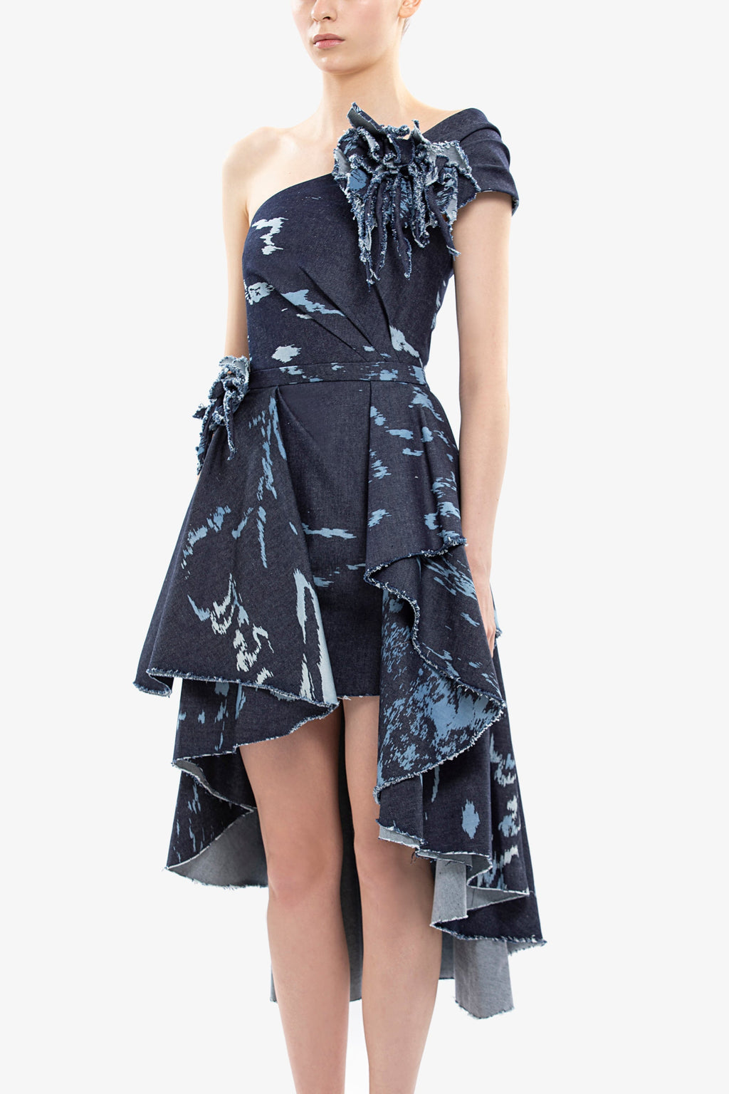 One-shoulder printed denim short dress