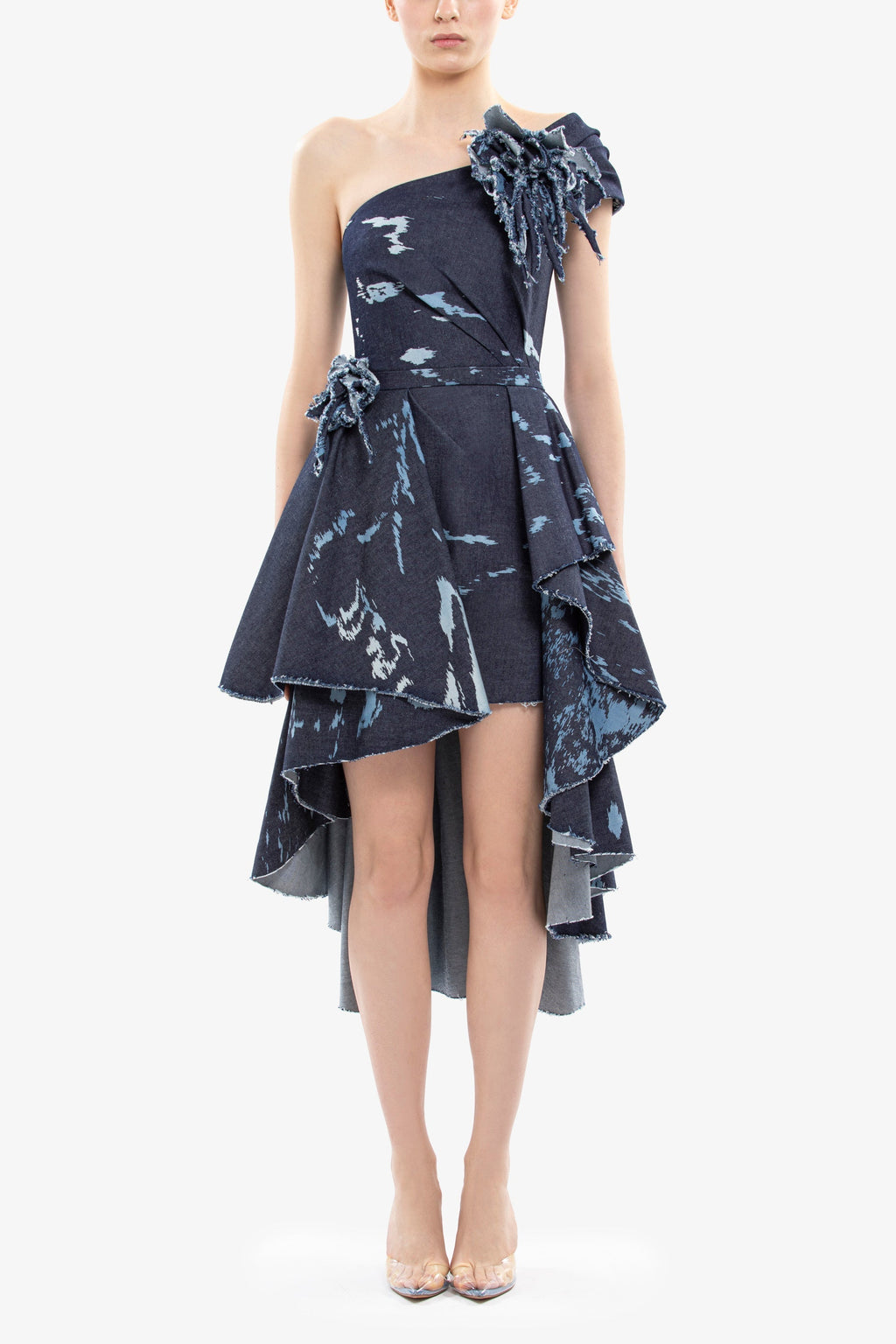 One-shoulder printed denim short dress
