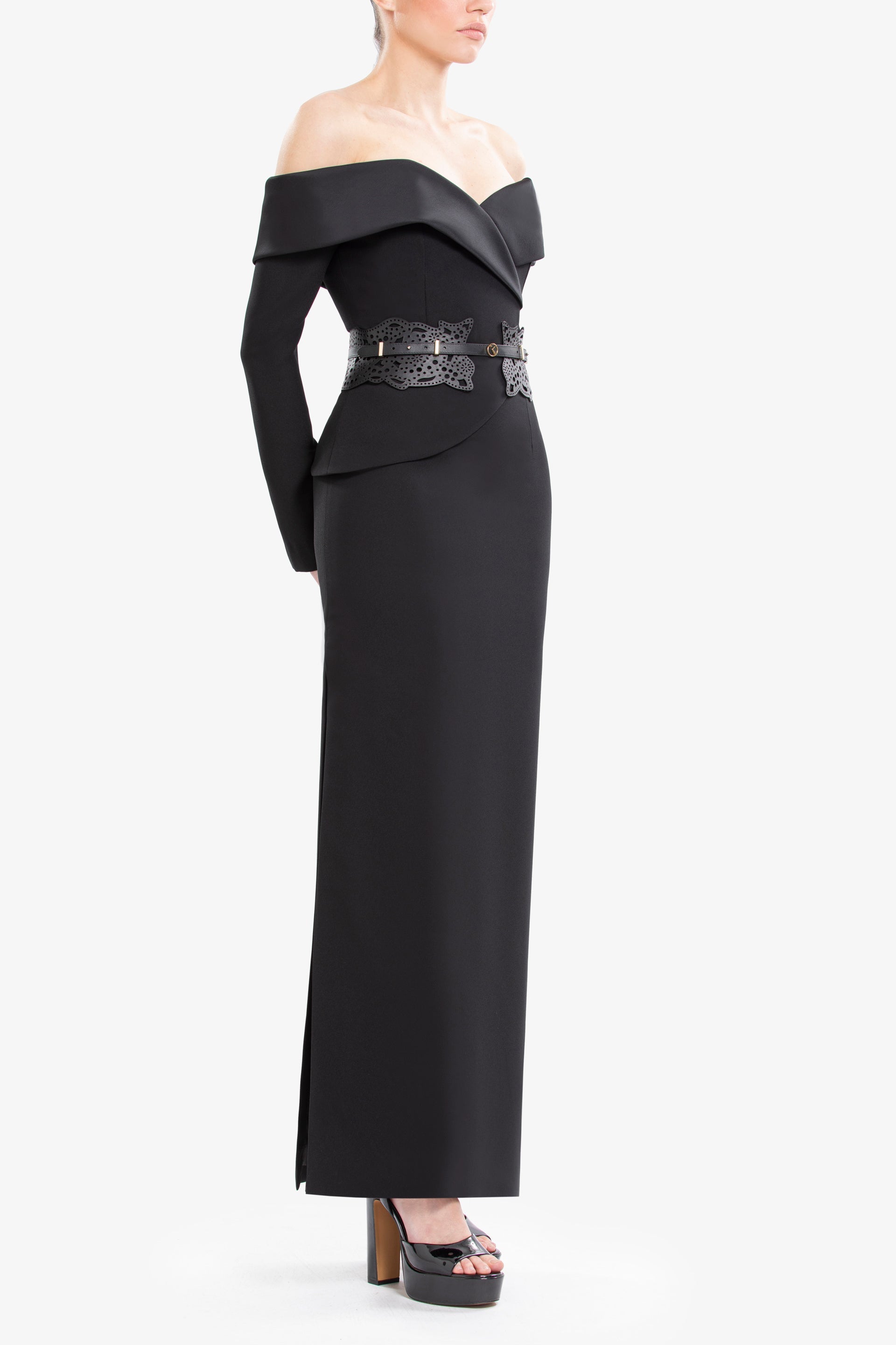 Off-shoulder crepe midi dress