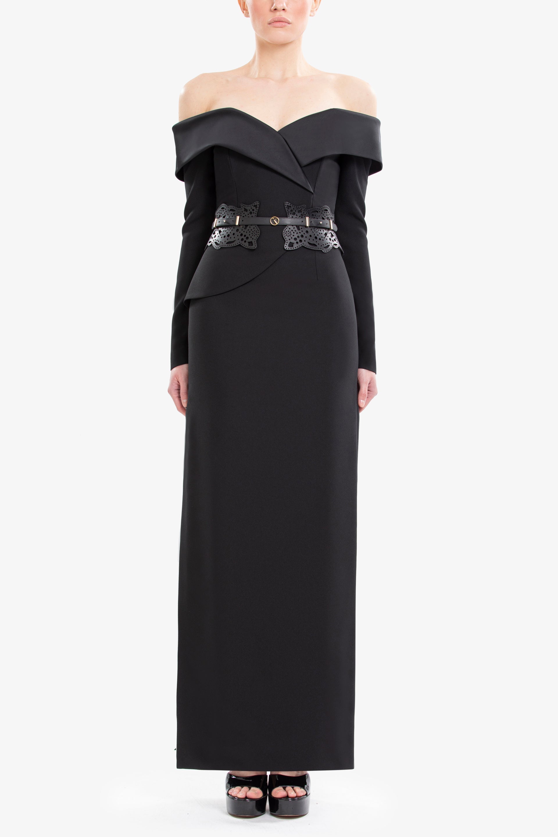 Off-shoulder crepe midi dress