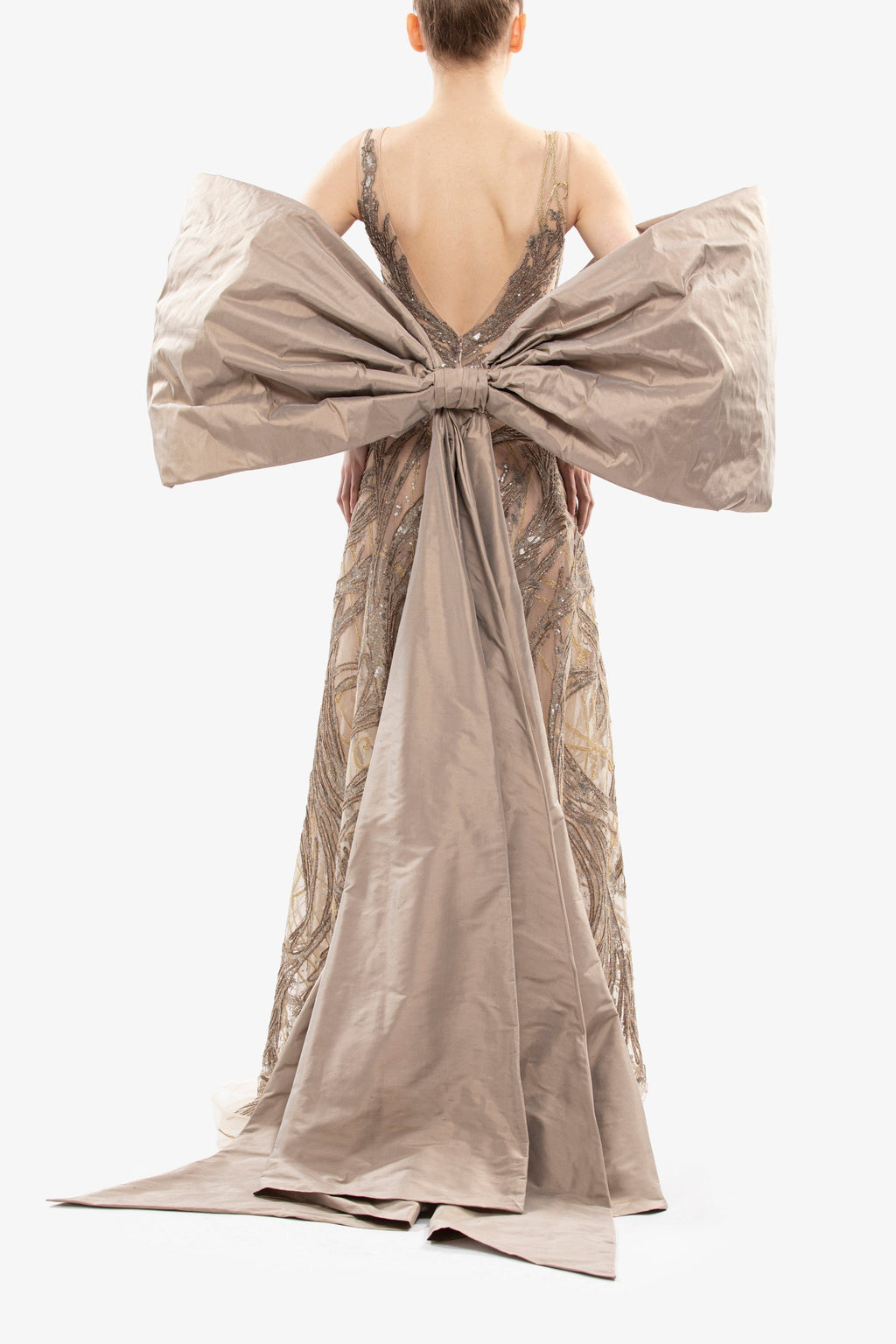 Embroidered Long Dress with Bow Cape
