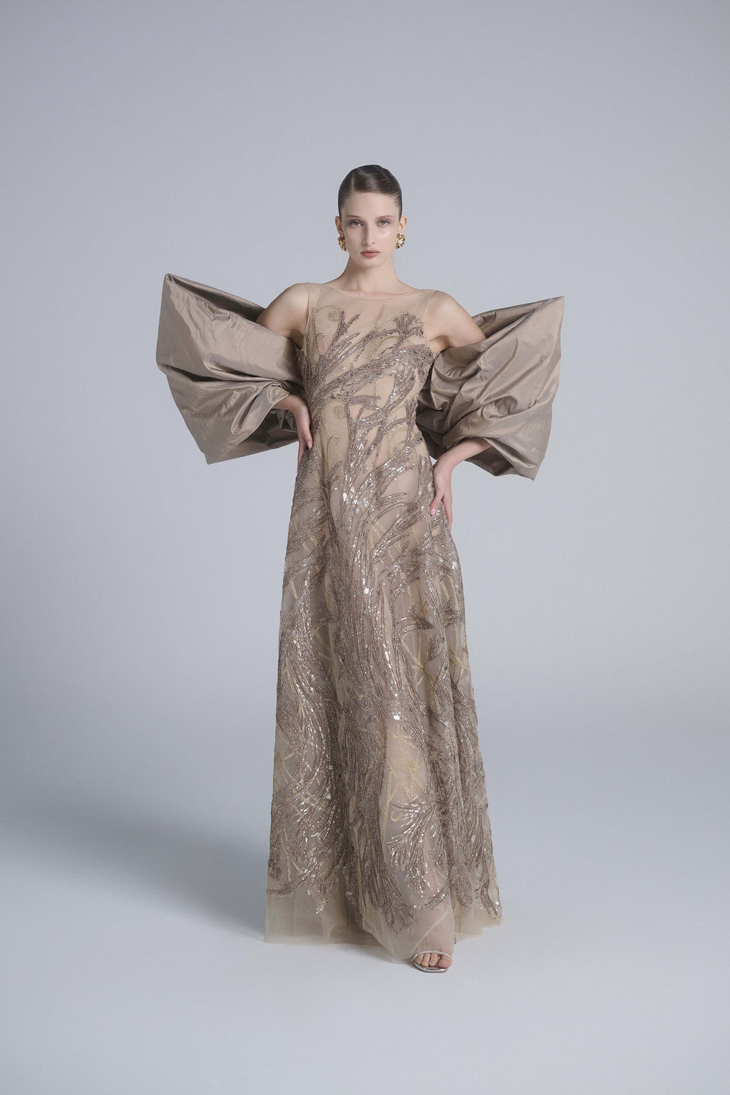 Embroidered Long Dress with Bow Cape