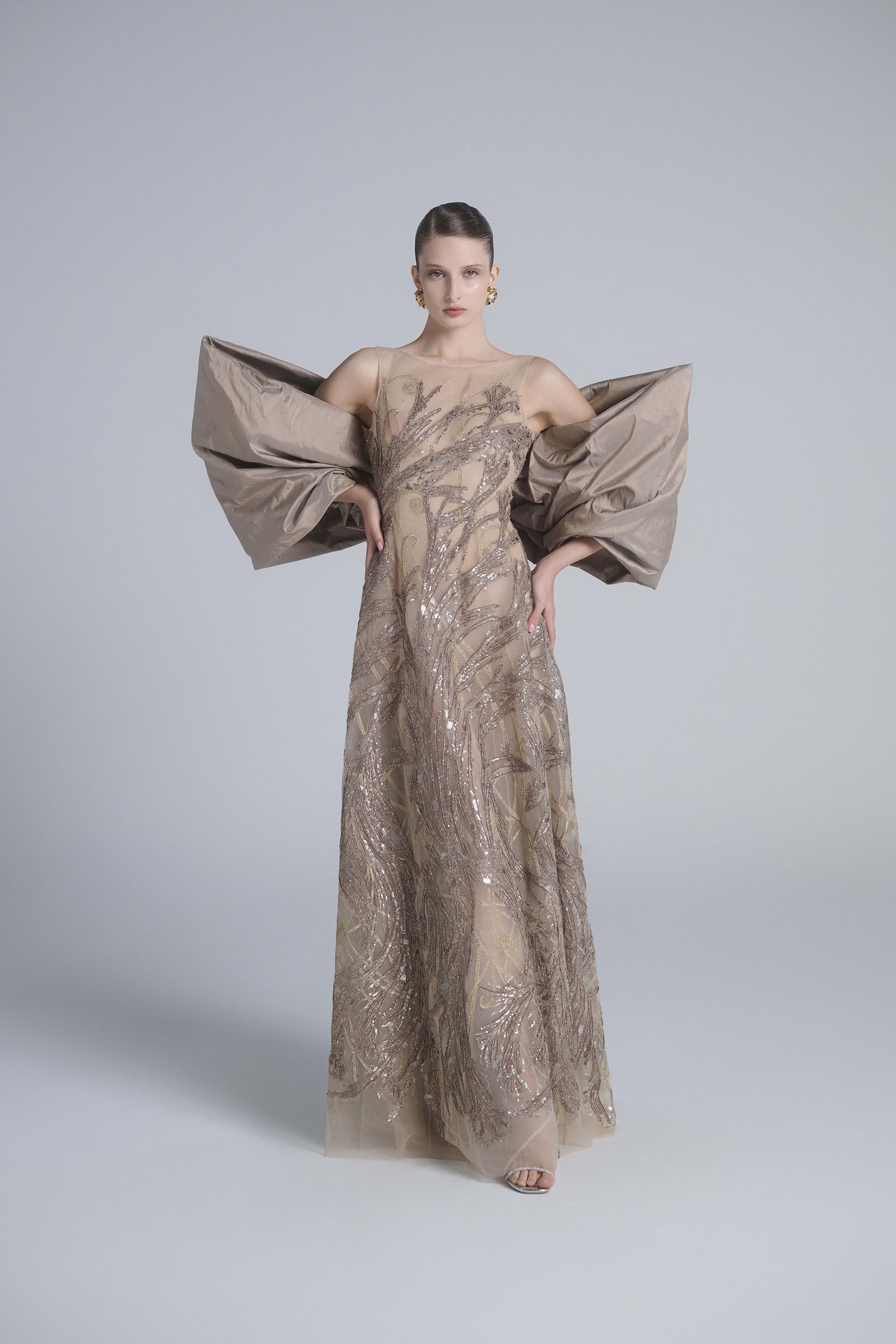 Embroidered Long Dress with Bow Cape