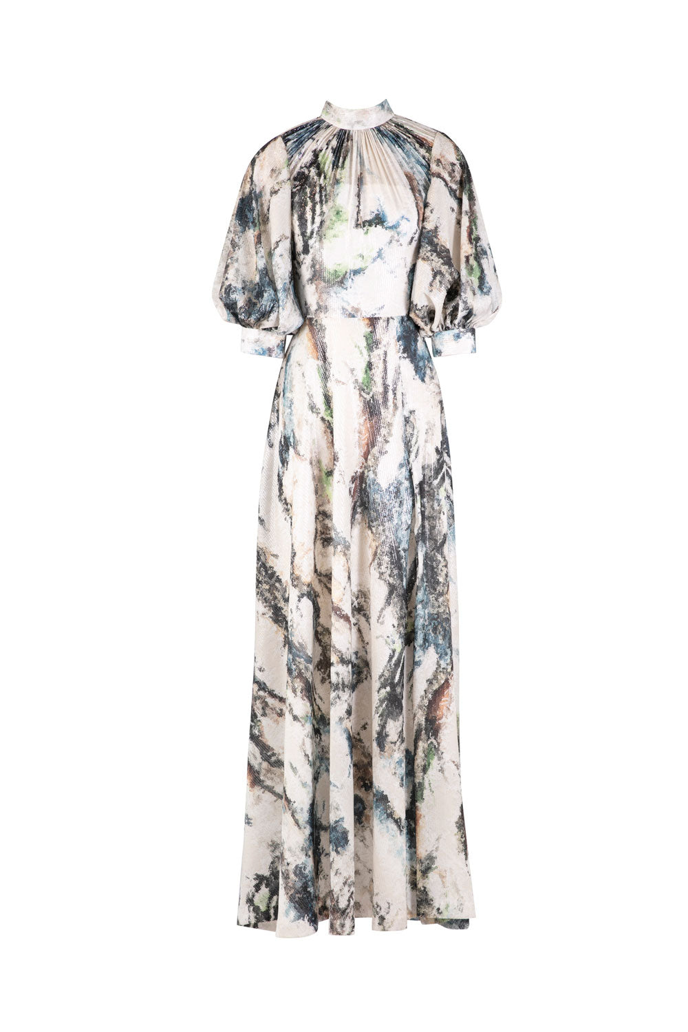 PRINTED SEQUIN FLARED DRESS
