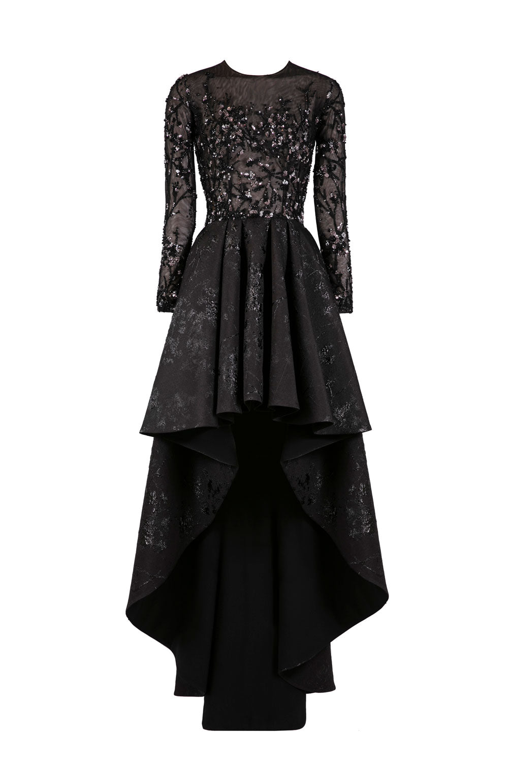HIGH-LOW BROCADE BEADED DRESS