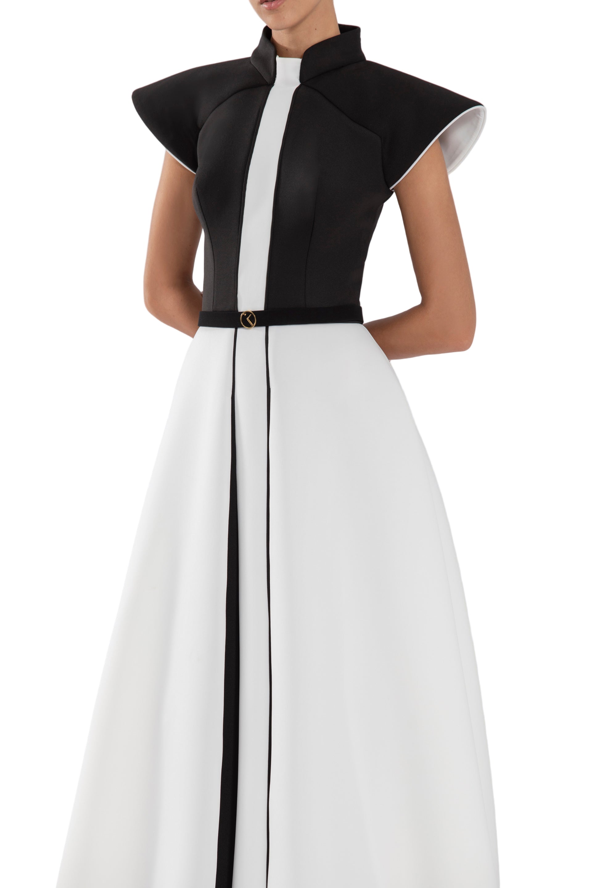 NEOPRENE DRESS WITH WIDE SHOULDERS