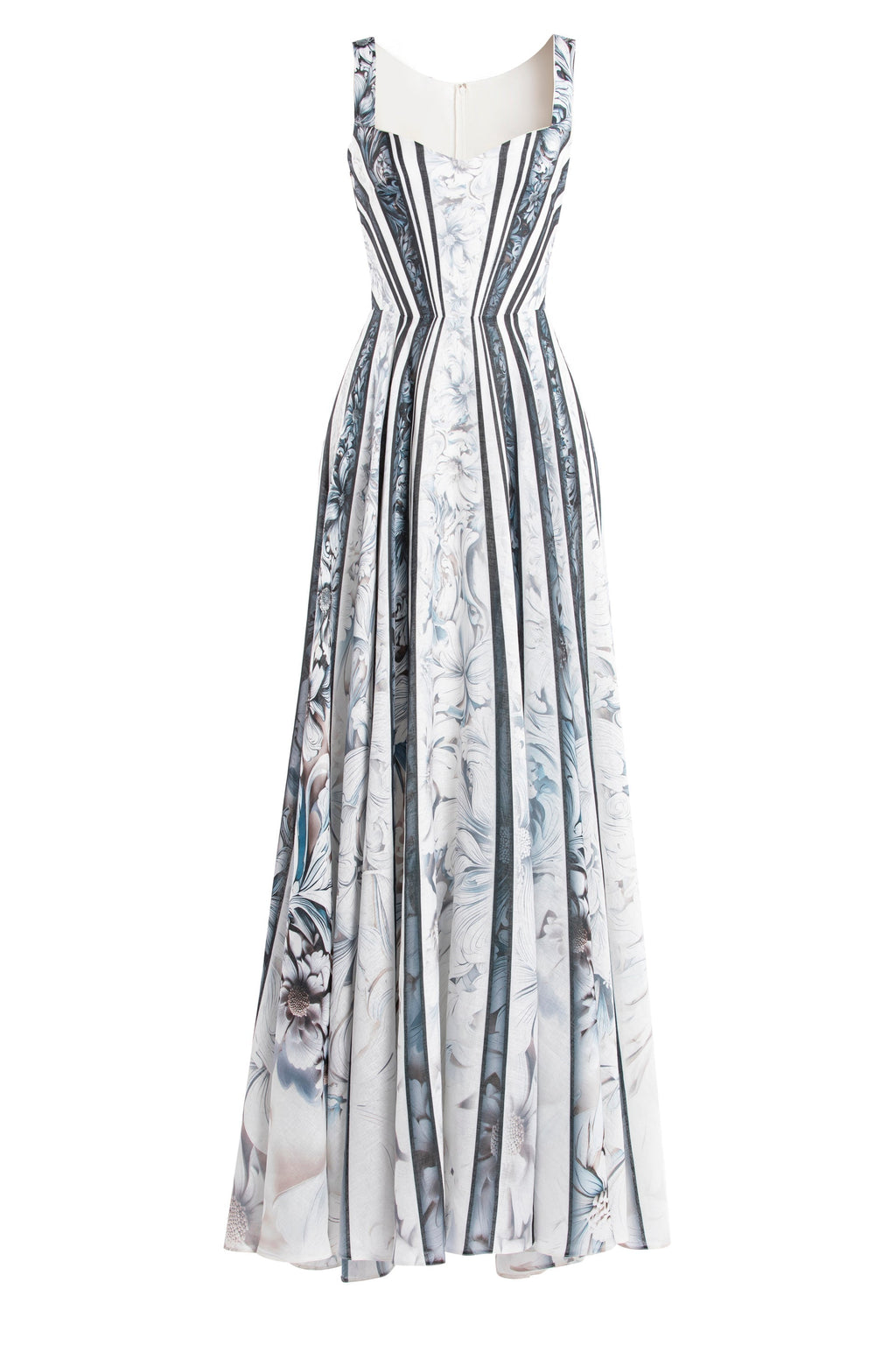 LINEN PRINTED DRESS WITH STRIPED, FLORAL PRINT