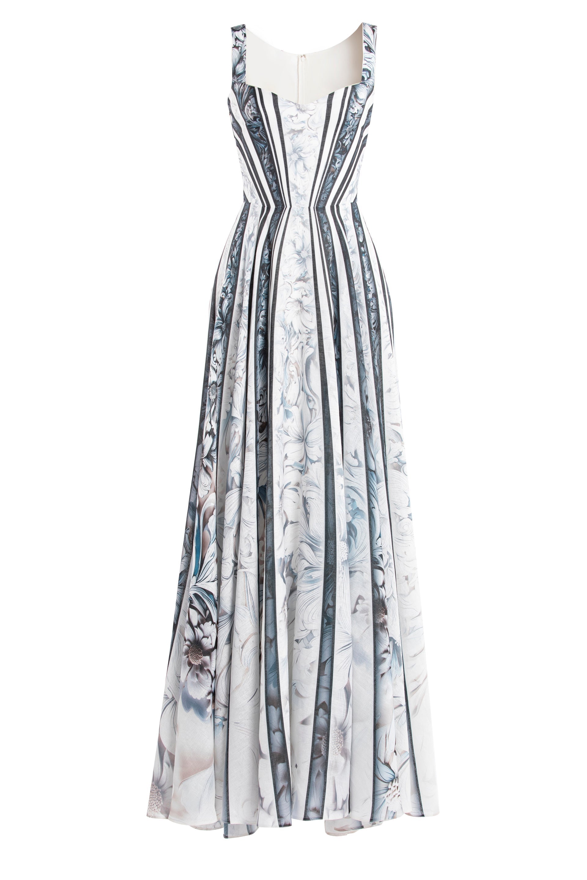 LINEN PRINTED DRESS WITH STRIPED, FLORAL PRINT