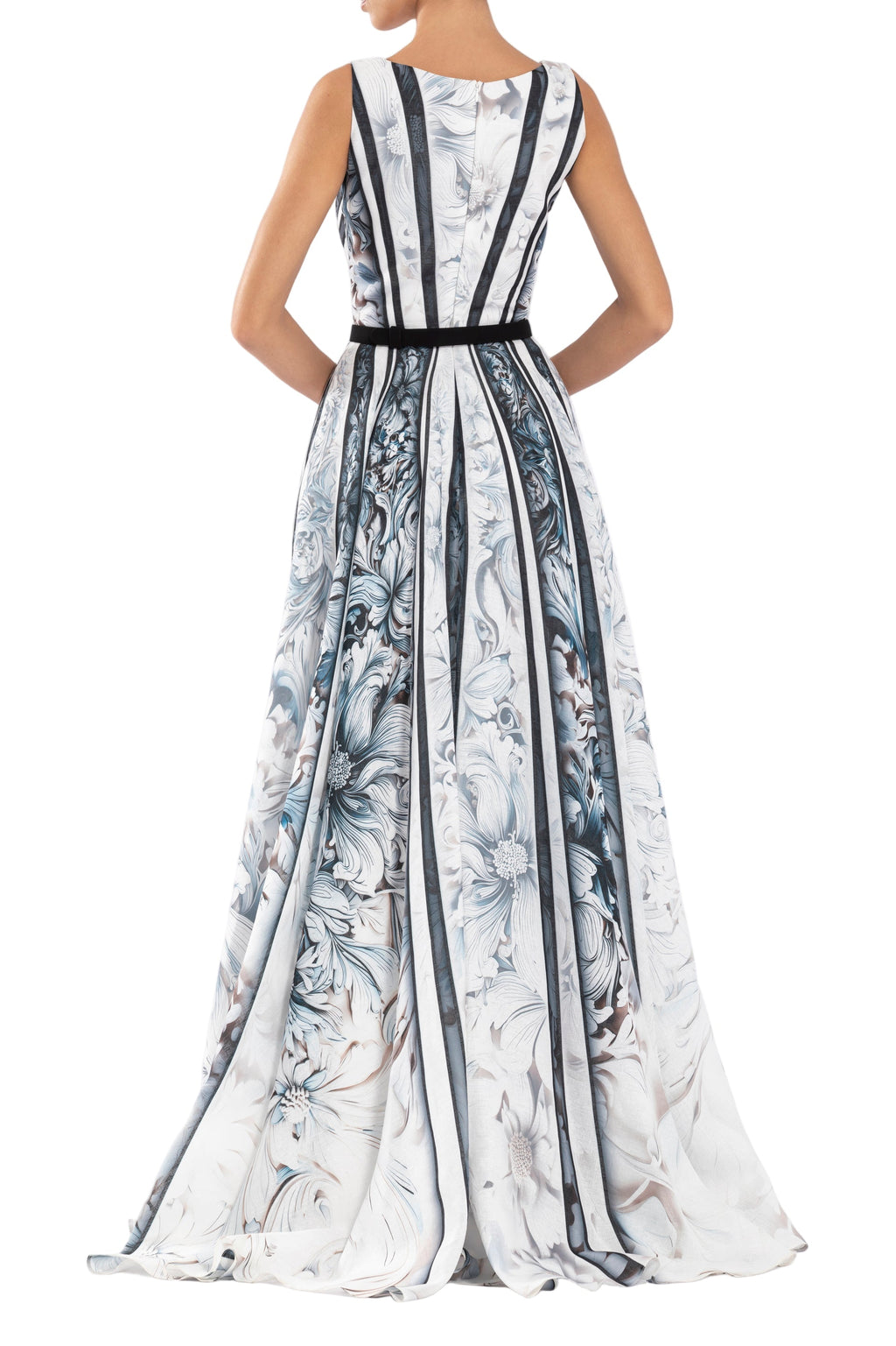LINEN PRINTED DRESS WITH STRIPED, FLORAL PRINT