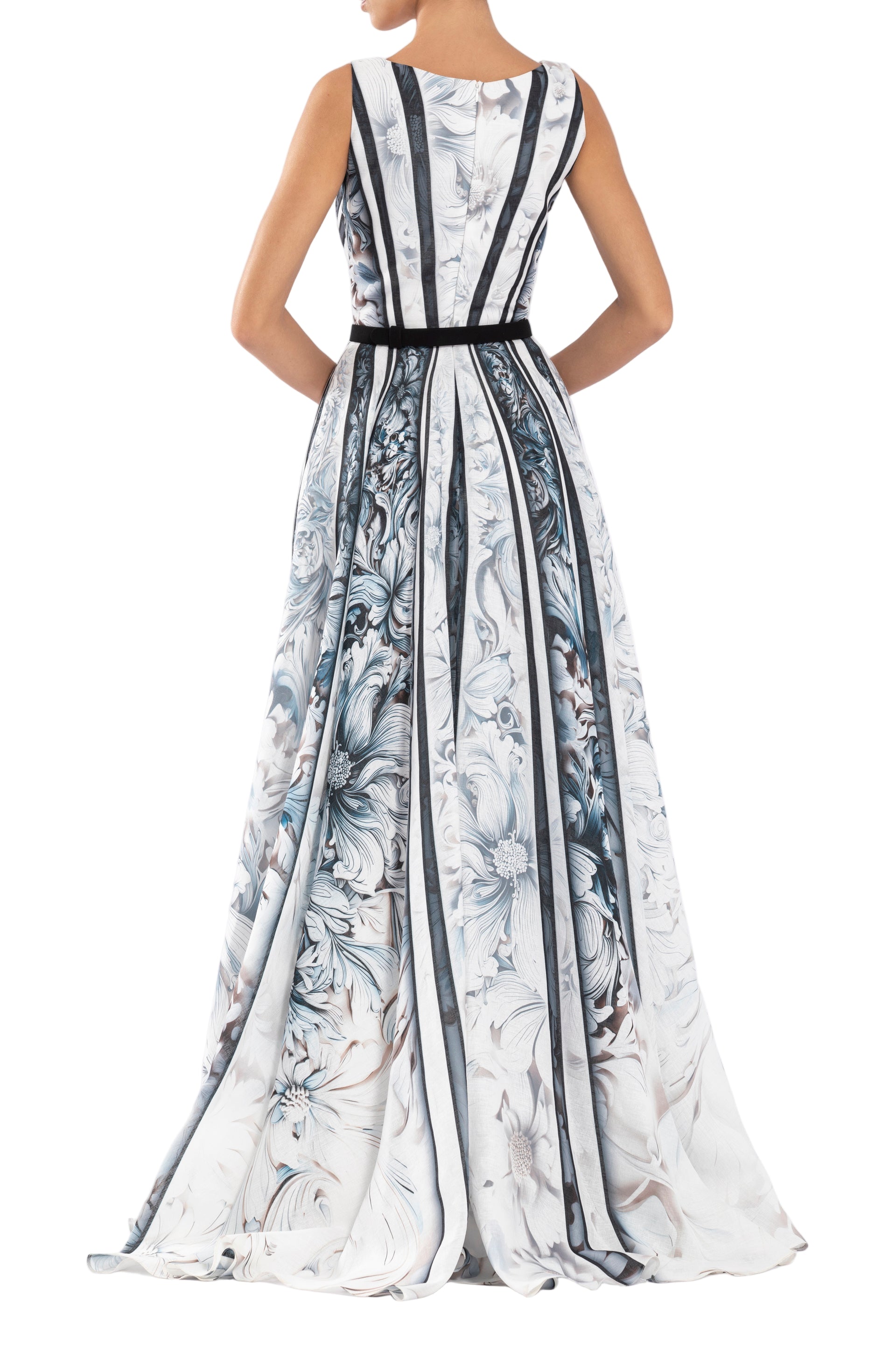 LINEN PRINTED DRESS WITH STRIPED, FLORAL PRINT
