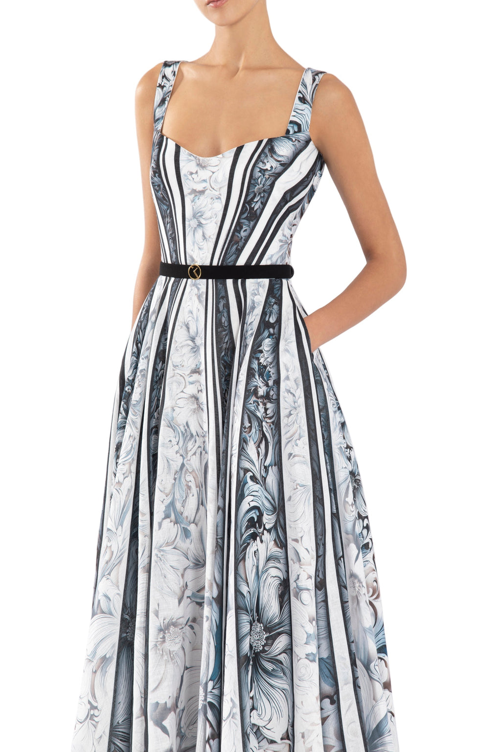 LINEN PRINTED DRESS WITH STRIPED, FLORAL PRINT