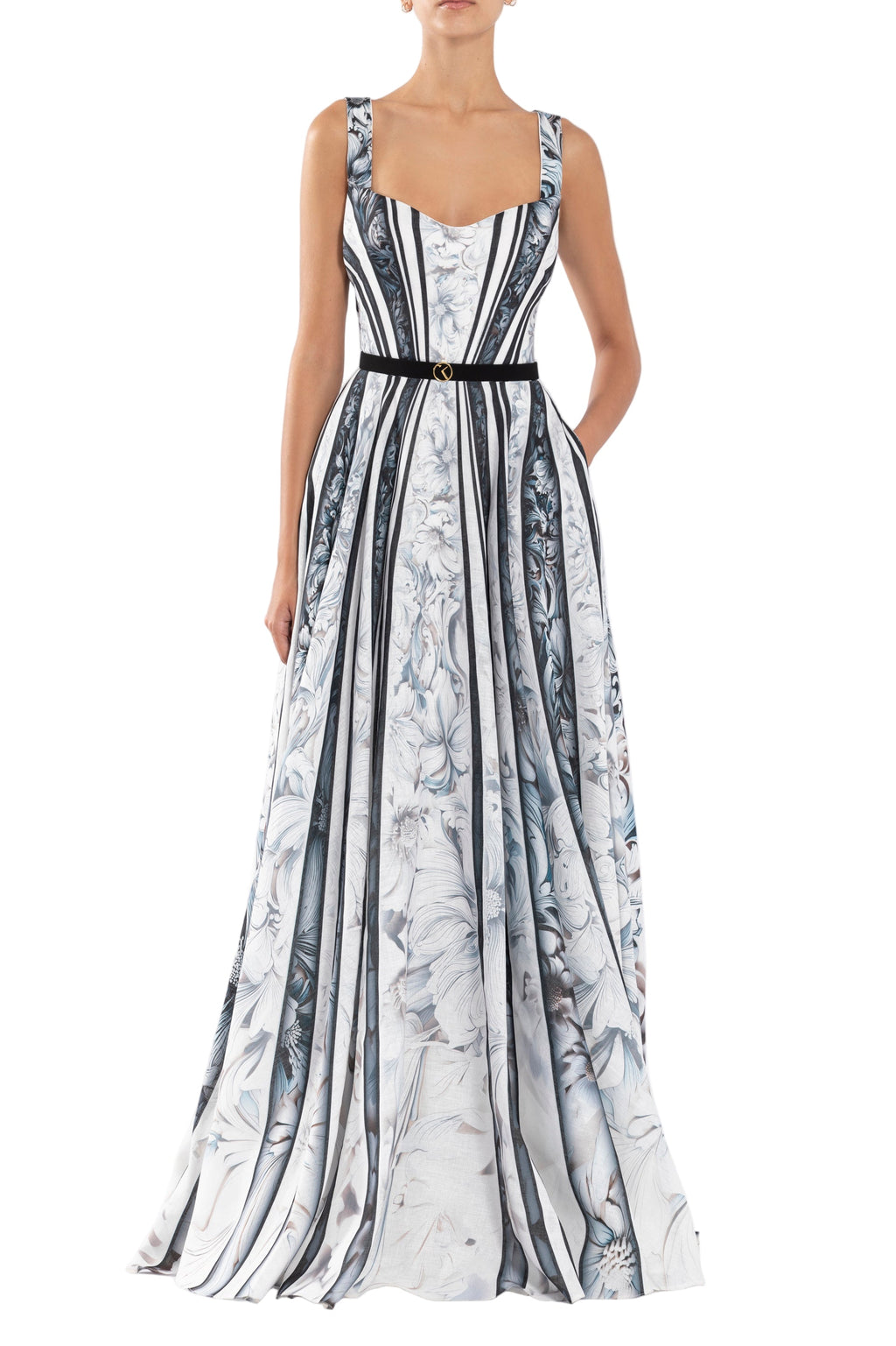 LINEN PRINTED DRESS WITH STRIPED, FLORAL PRINT
