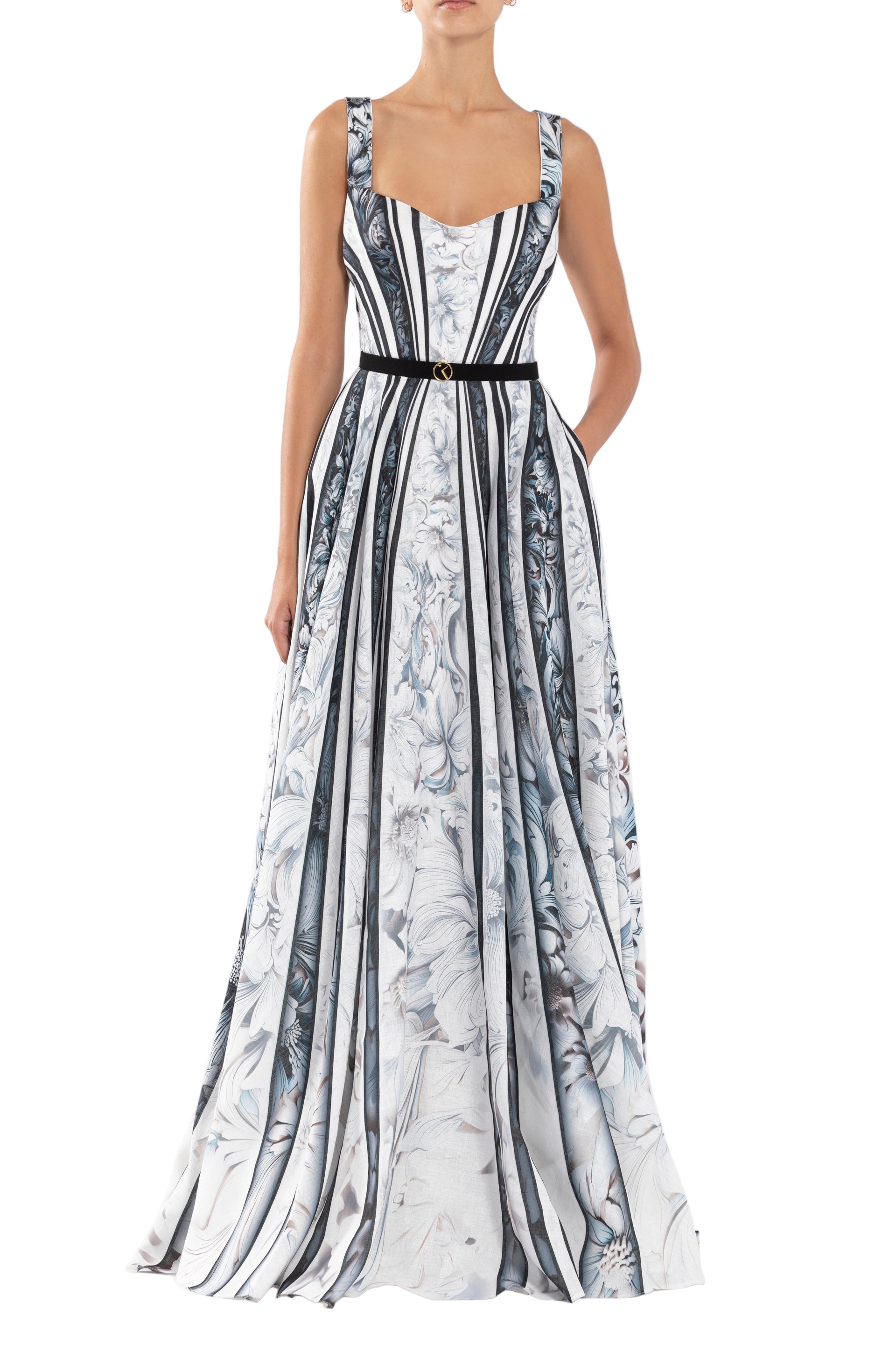 LINEN PRINTED DRESS WITH STRIPED, FLORAL PRINT