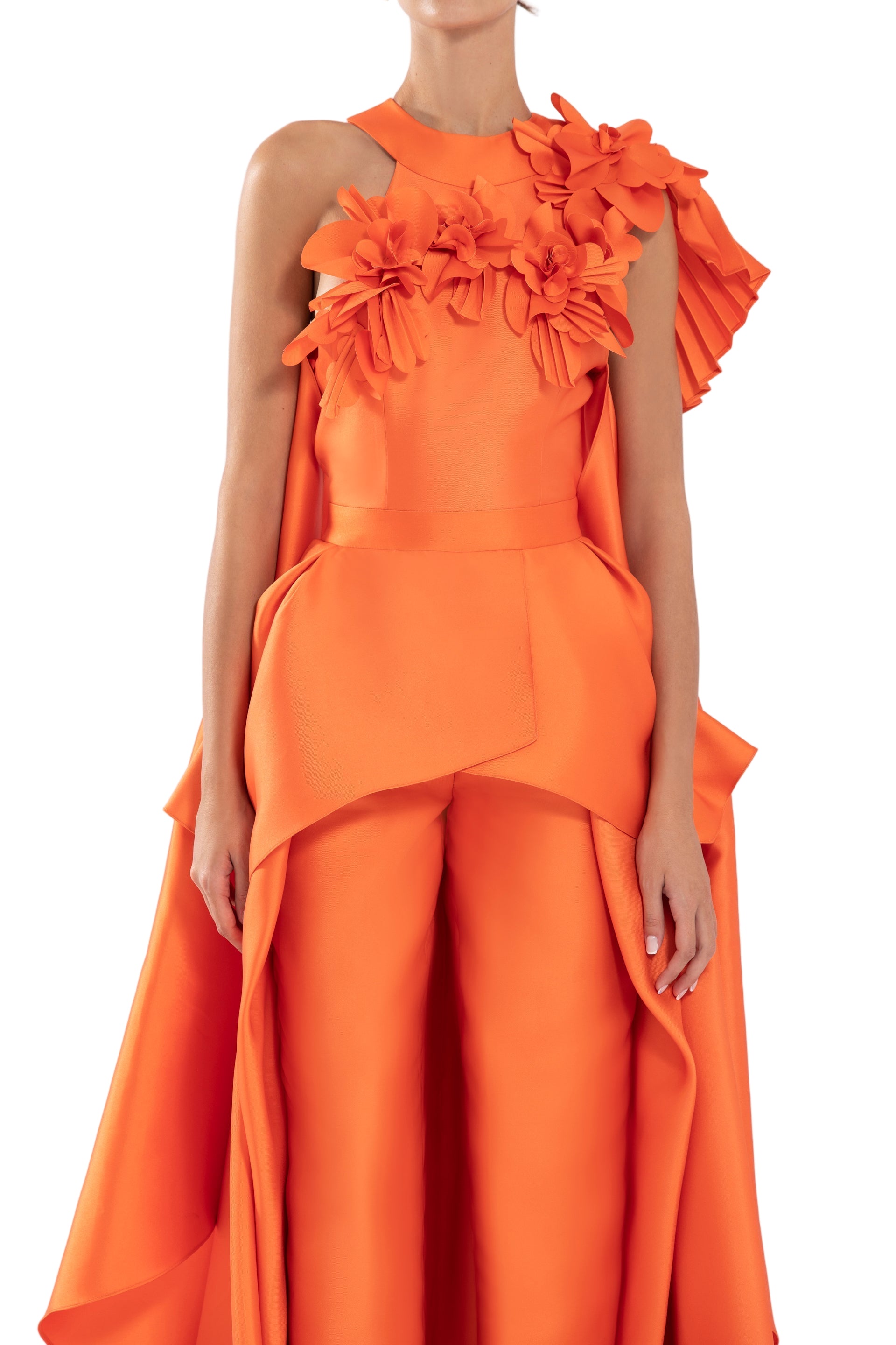 MIKADO JUMPSUIT WITH ASYMMETRICAL CUTS AND MATCHING EMBROIDERY