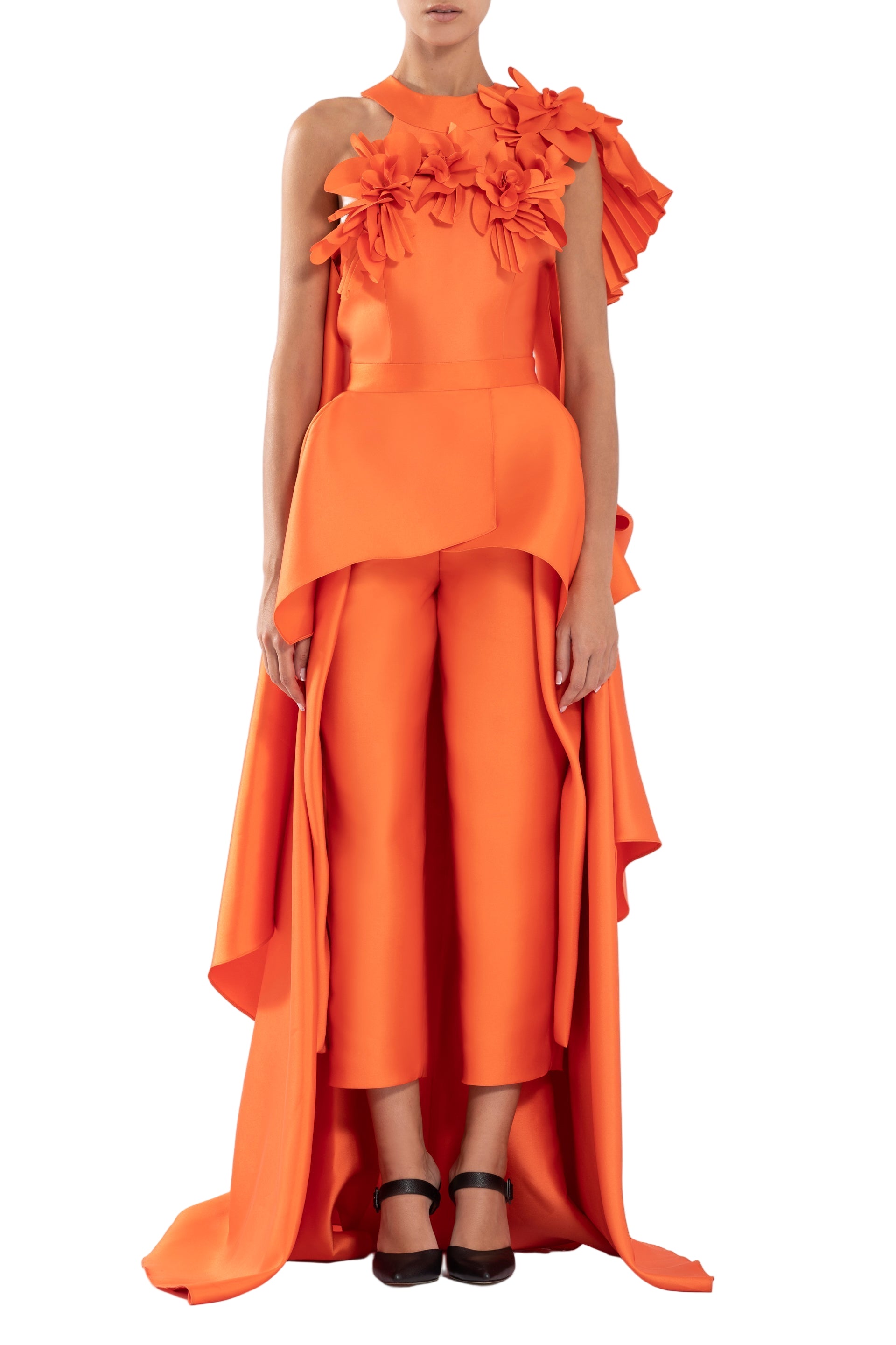 MIKADO JUMPSUIT WITH ASYMMETRICAL CUTS AND MATCHING EMBROIDERY