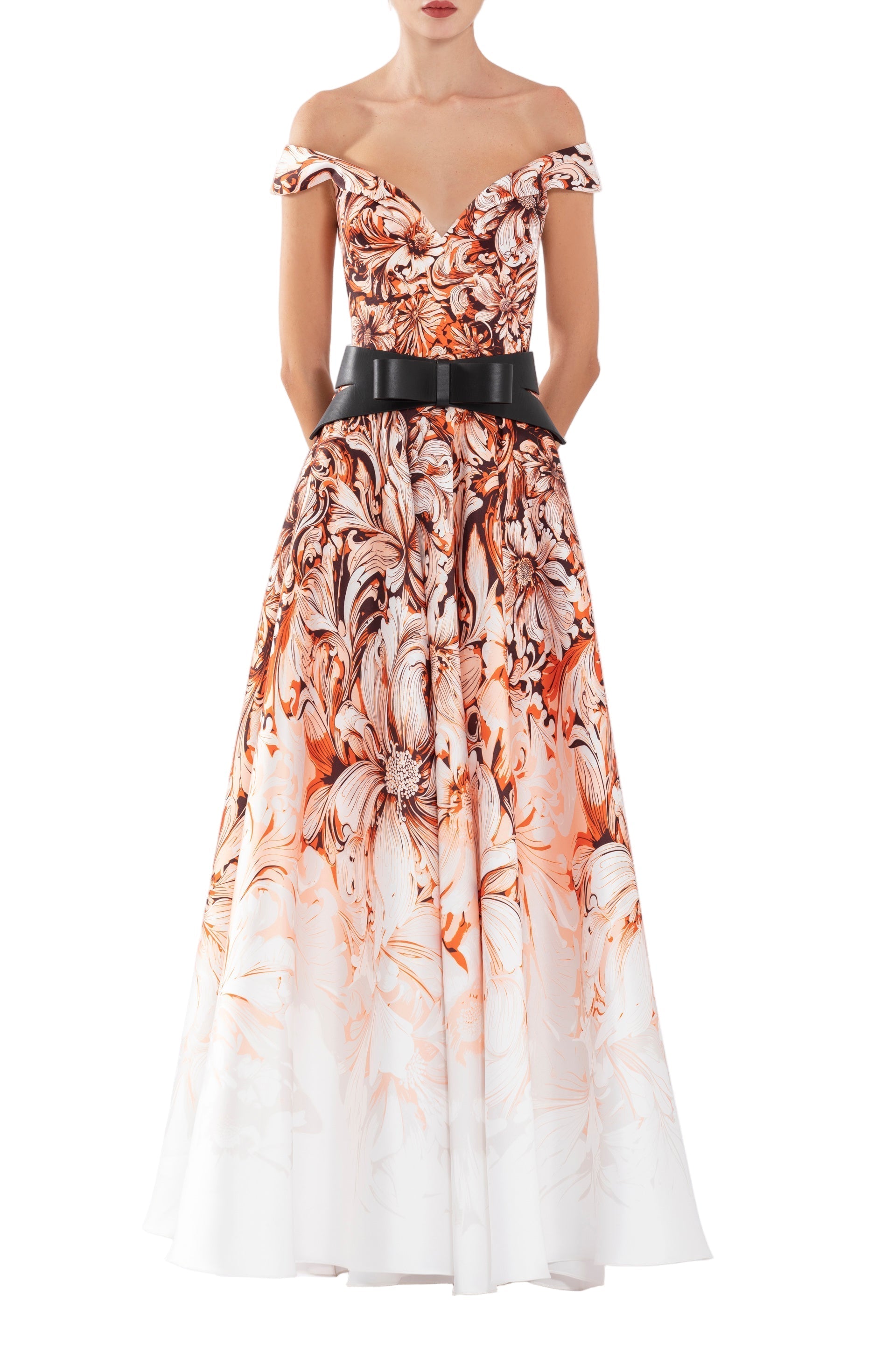 MIKADO PRINTED DRESS WITH OFF-SHOULDER SLEEVES