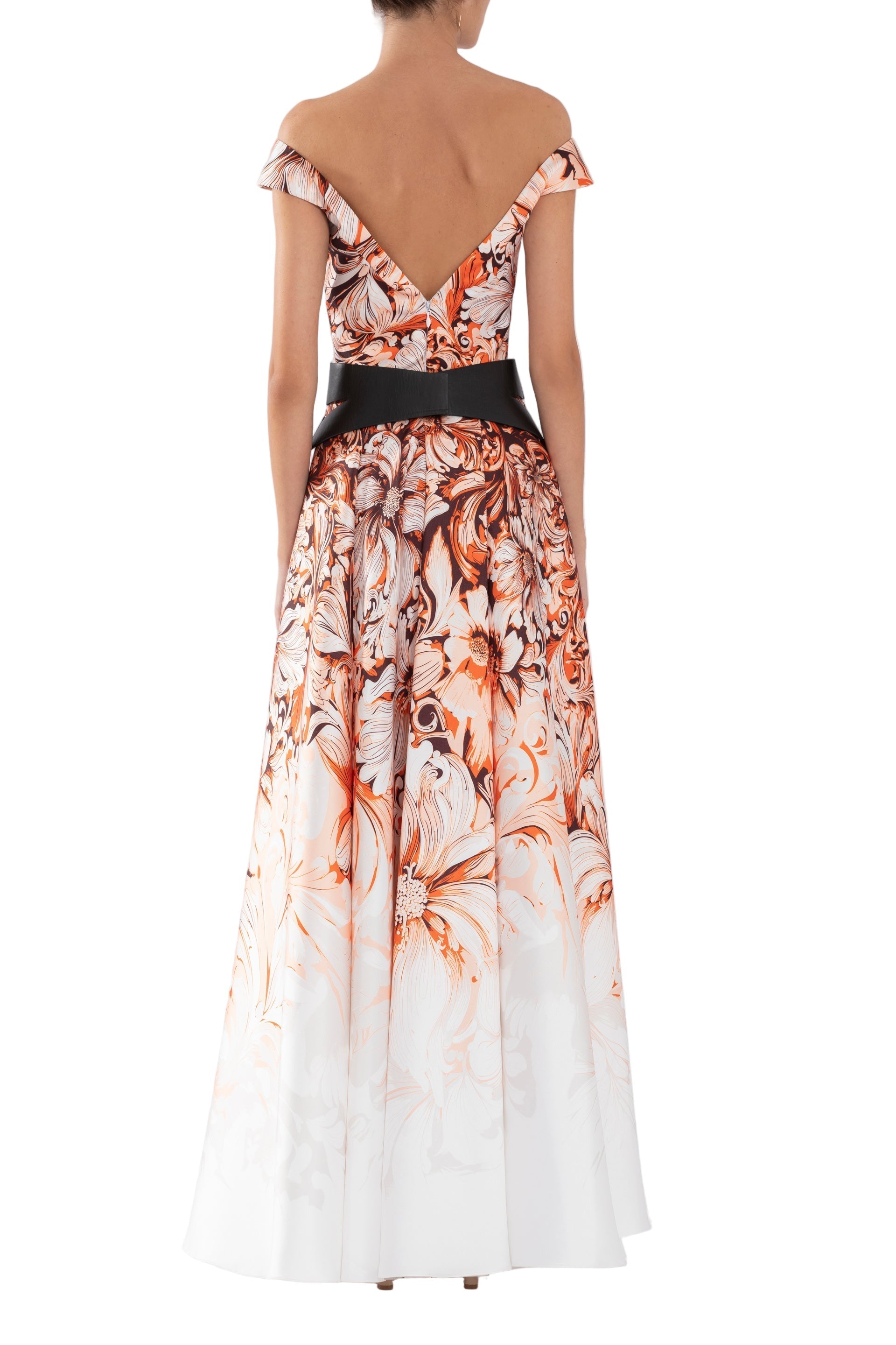 MIKADO PRINTED DRESS WITH OFF-SHOULDER SLEEVES