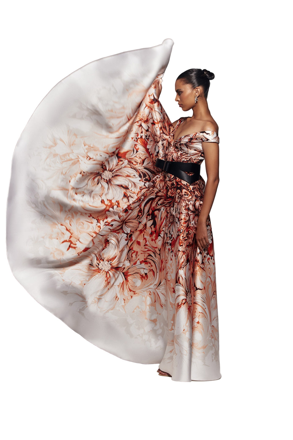MIKADO PRINTED DRESS WITH OFF-SHOULDER SLEEVES