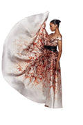 MIKADO PRINTED DRESS WITH OFF-SHOULDER SLEEVES