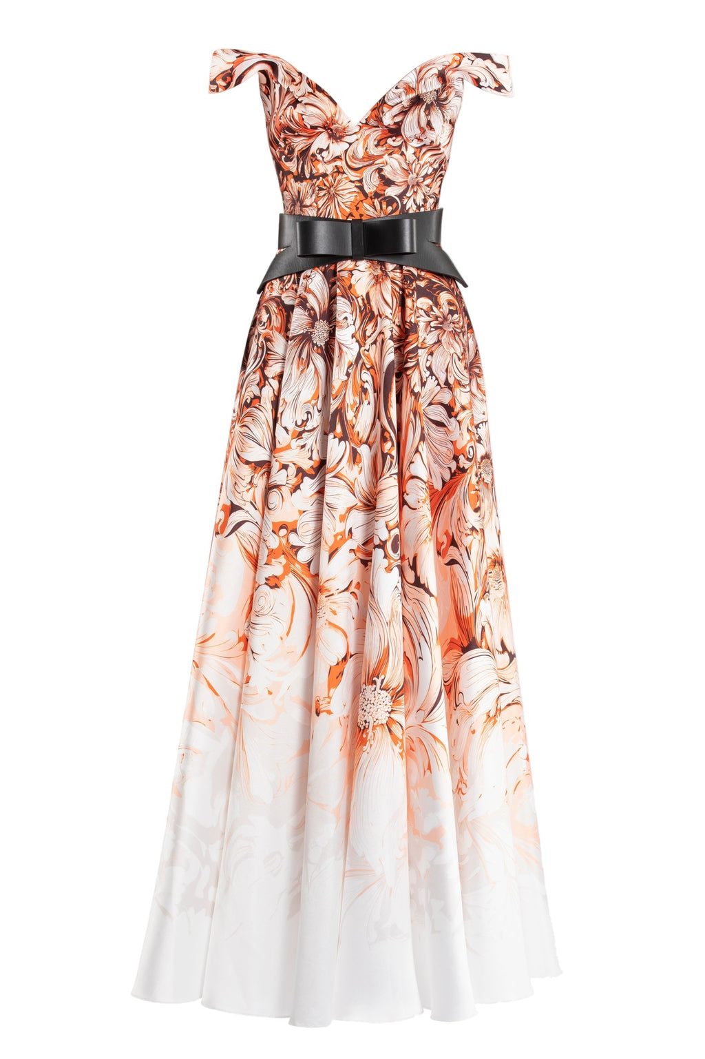 MIKADO PRINTED DRESS WITH OFF-SHOULDER SLEEVES