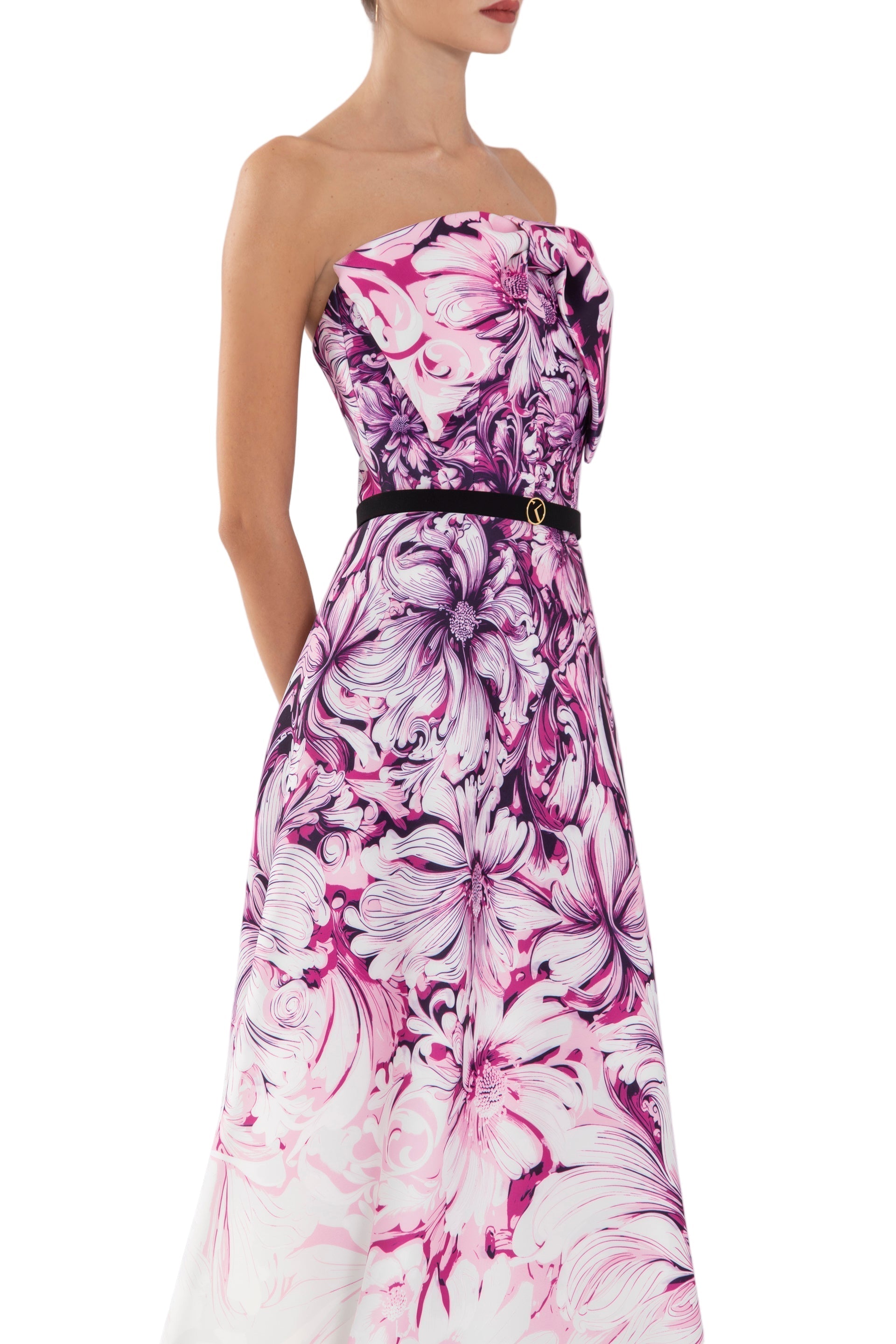 NEOPRENE STRAPLESS PRINTED DRESS