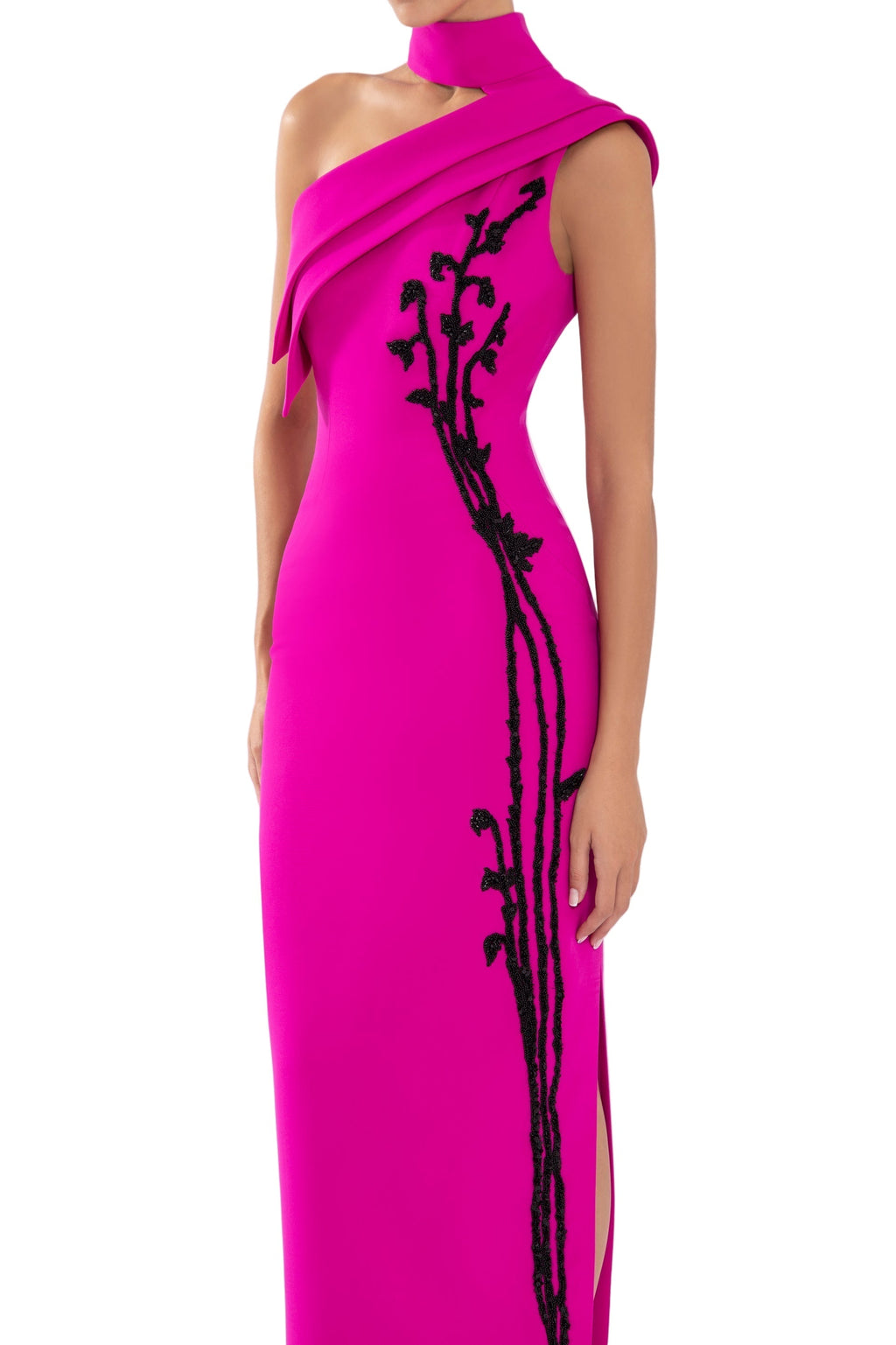 CREPE, OFF-SHOULDER DRESS WITH BEADING