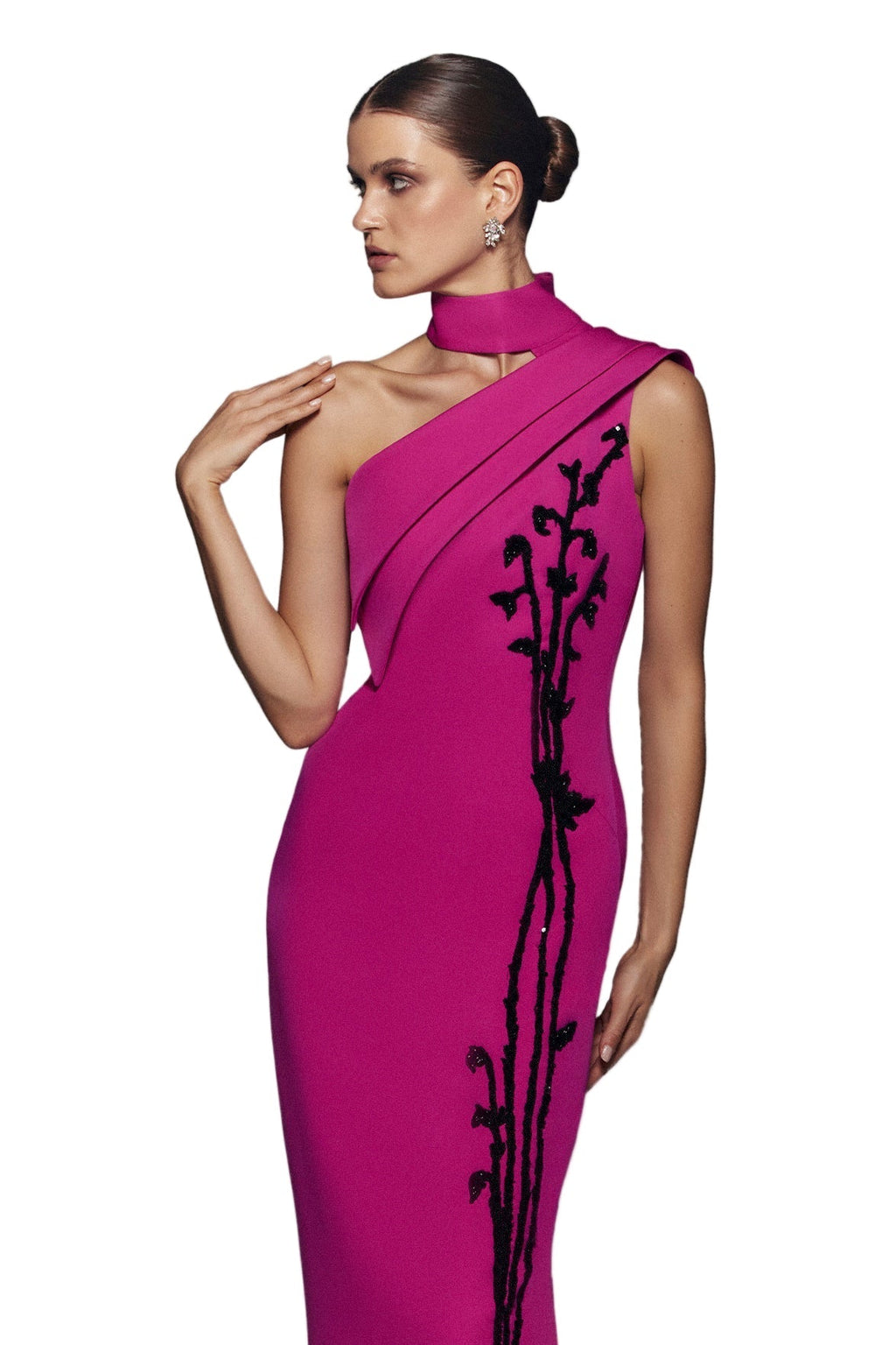 CREPE, OFF-SHOULDER DRESS WITH BEADING