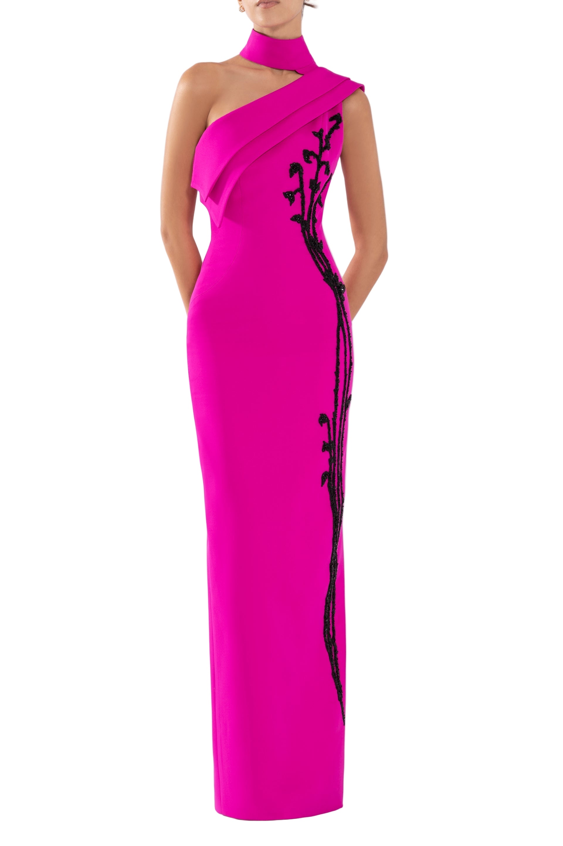CREPE, OFF-SHOULDER DRESS WITH BEADING