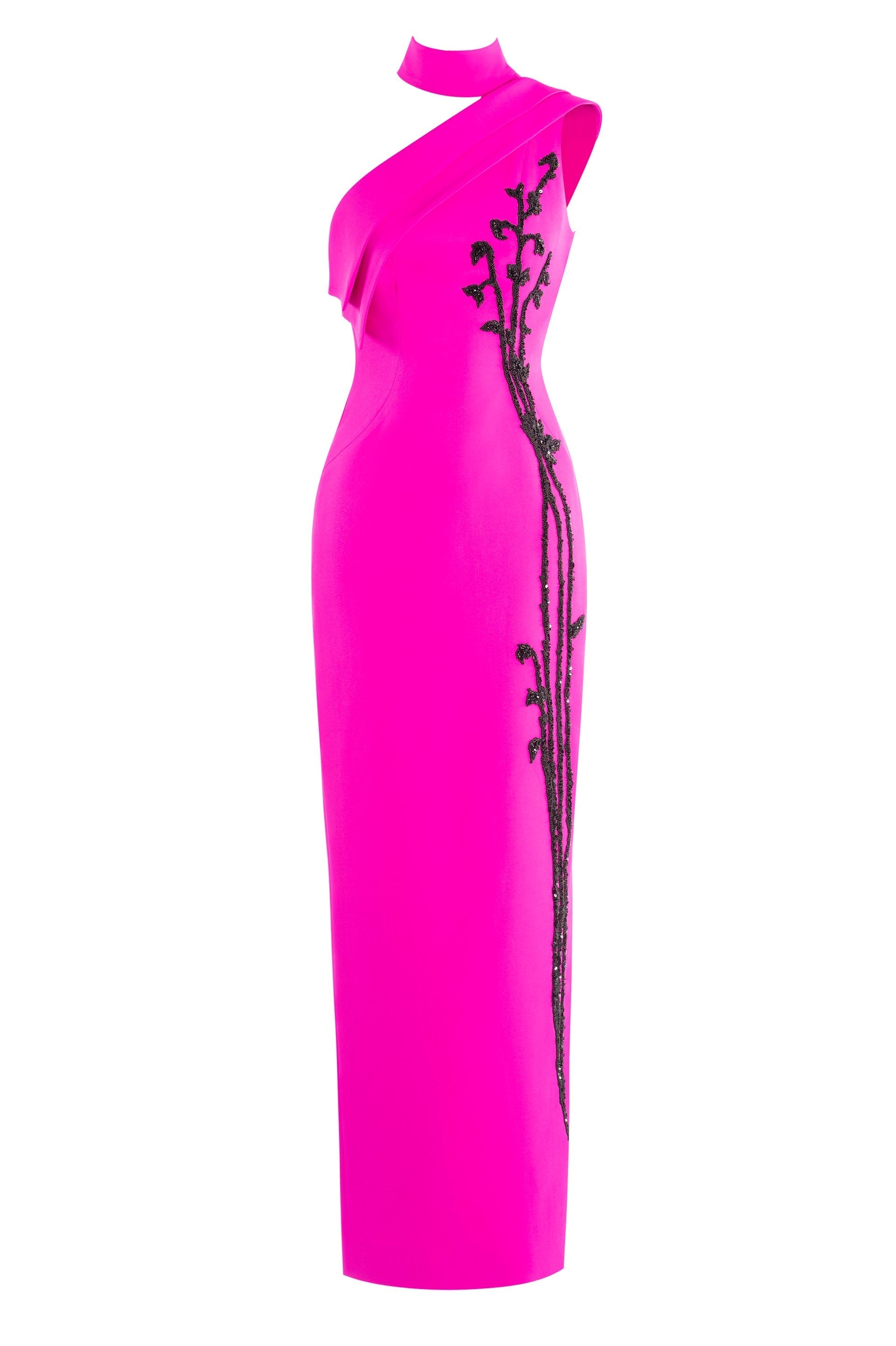 CREPE, OFF-SHOULDER DRESS WITH BEADING