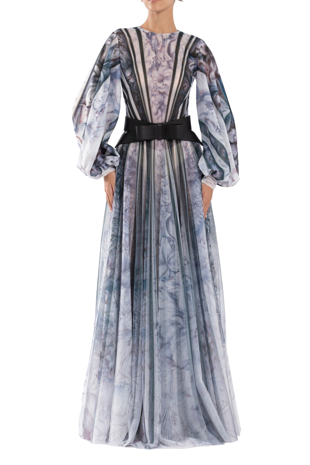 TULL PRINTED DRESS WITH BELL SLEEVES