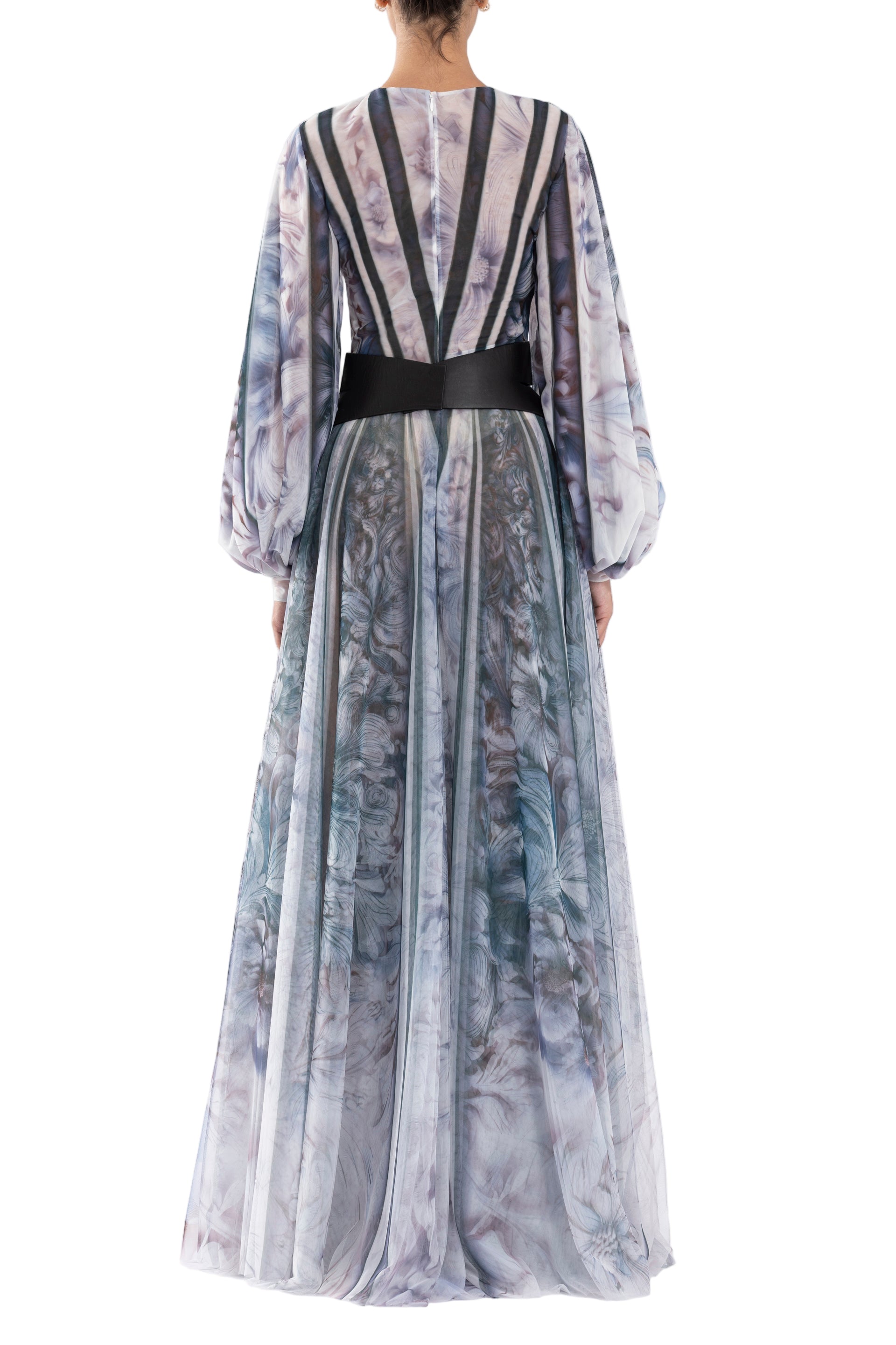 TULL PRINTED DRESS WITH BELL SLEEVES
