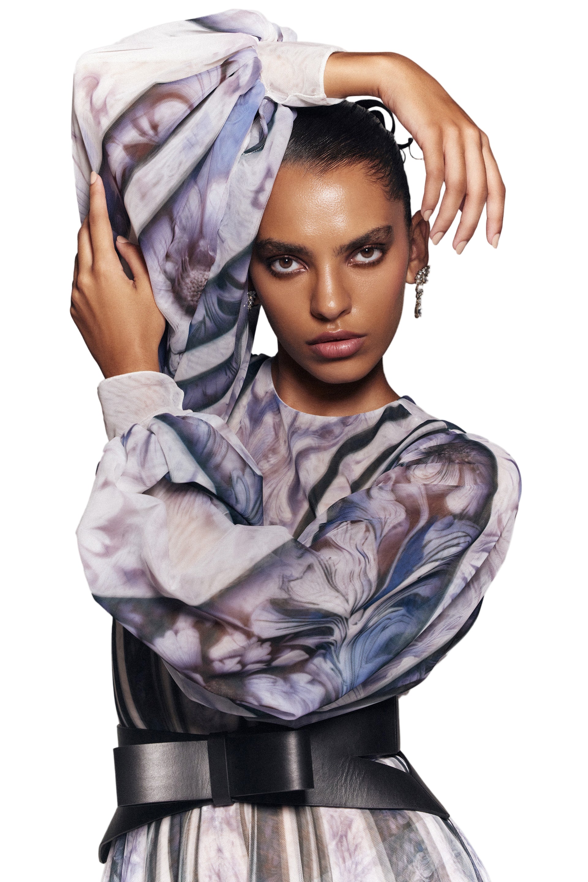 TULL PRINTED DRESS WITH BELL SLEEVES