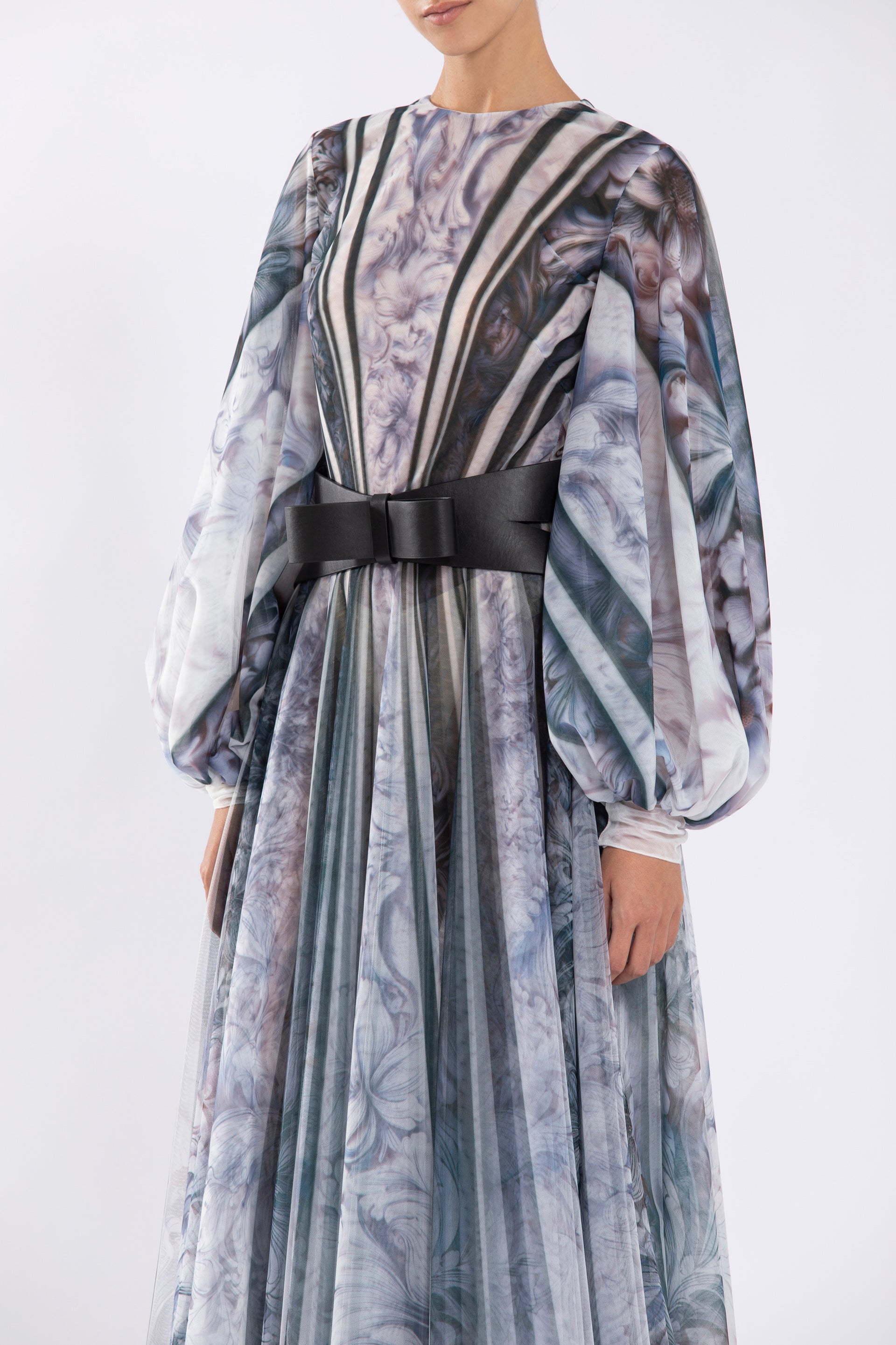 Tulle Printed Dress With Bell Sleeves