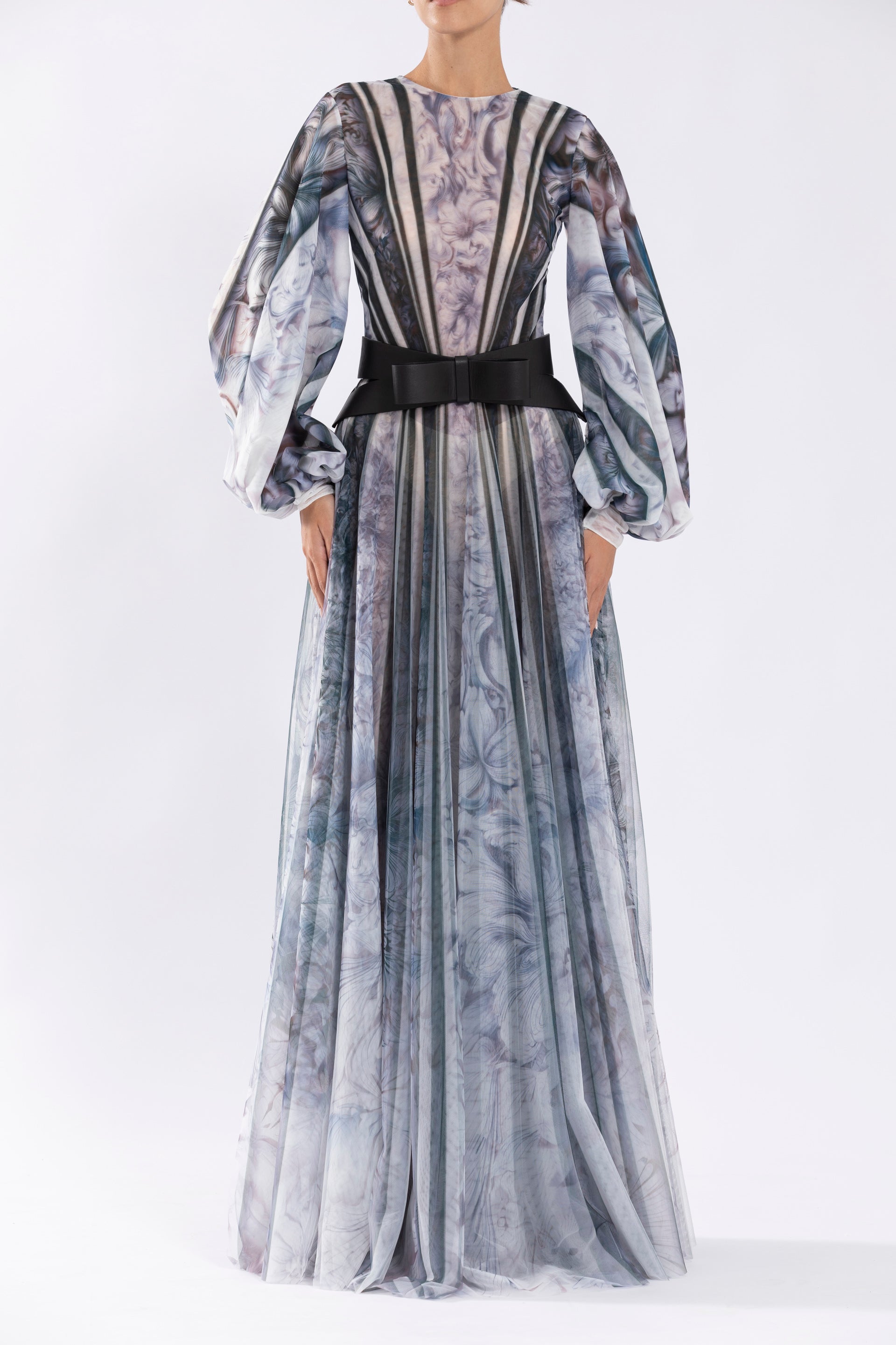 Tulle Printed Dress With Bell Sleeves